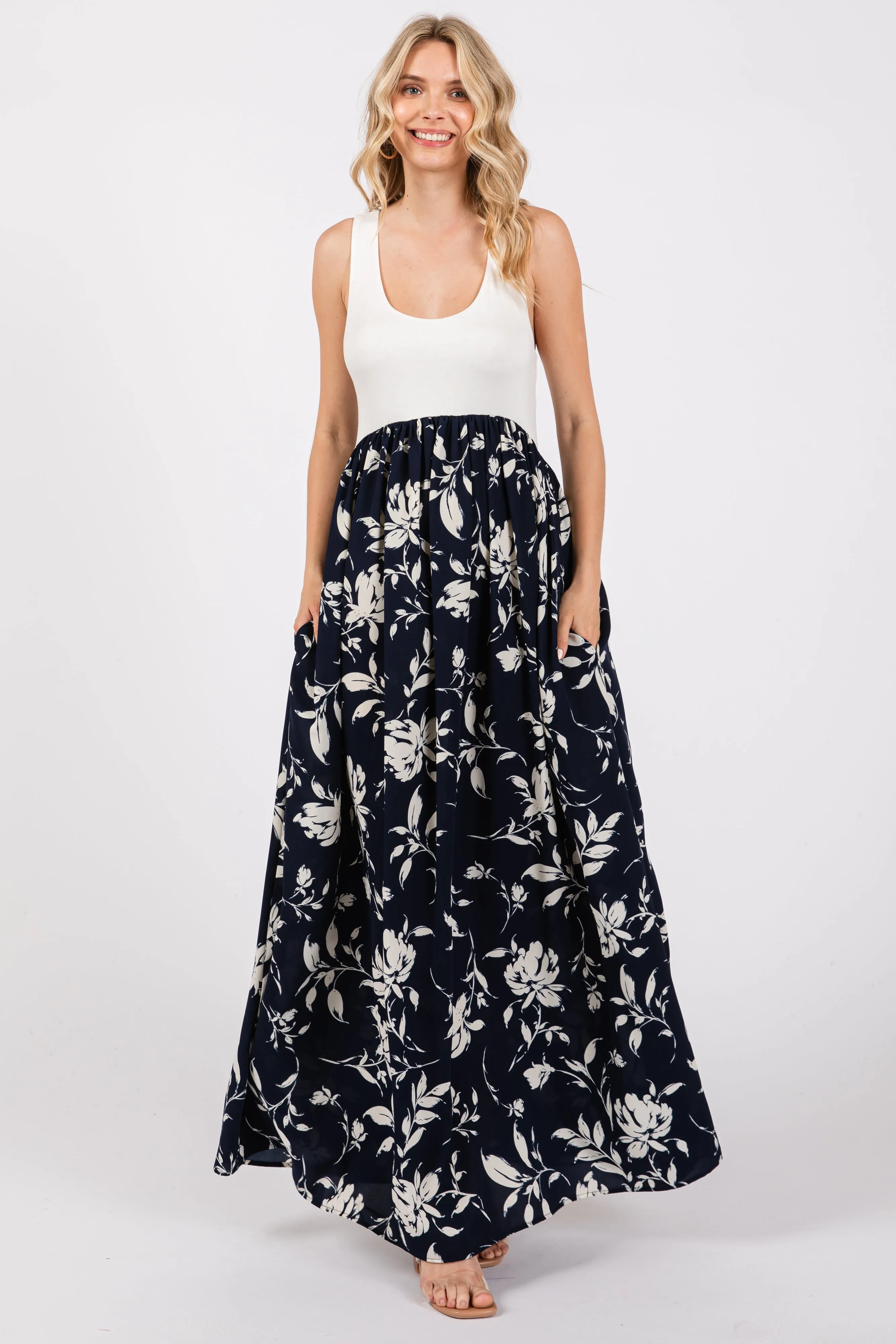 Navy Colorblock Floral Maxi Dress sold by Pinkblush