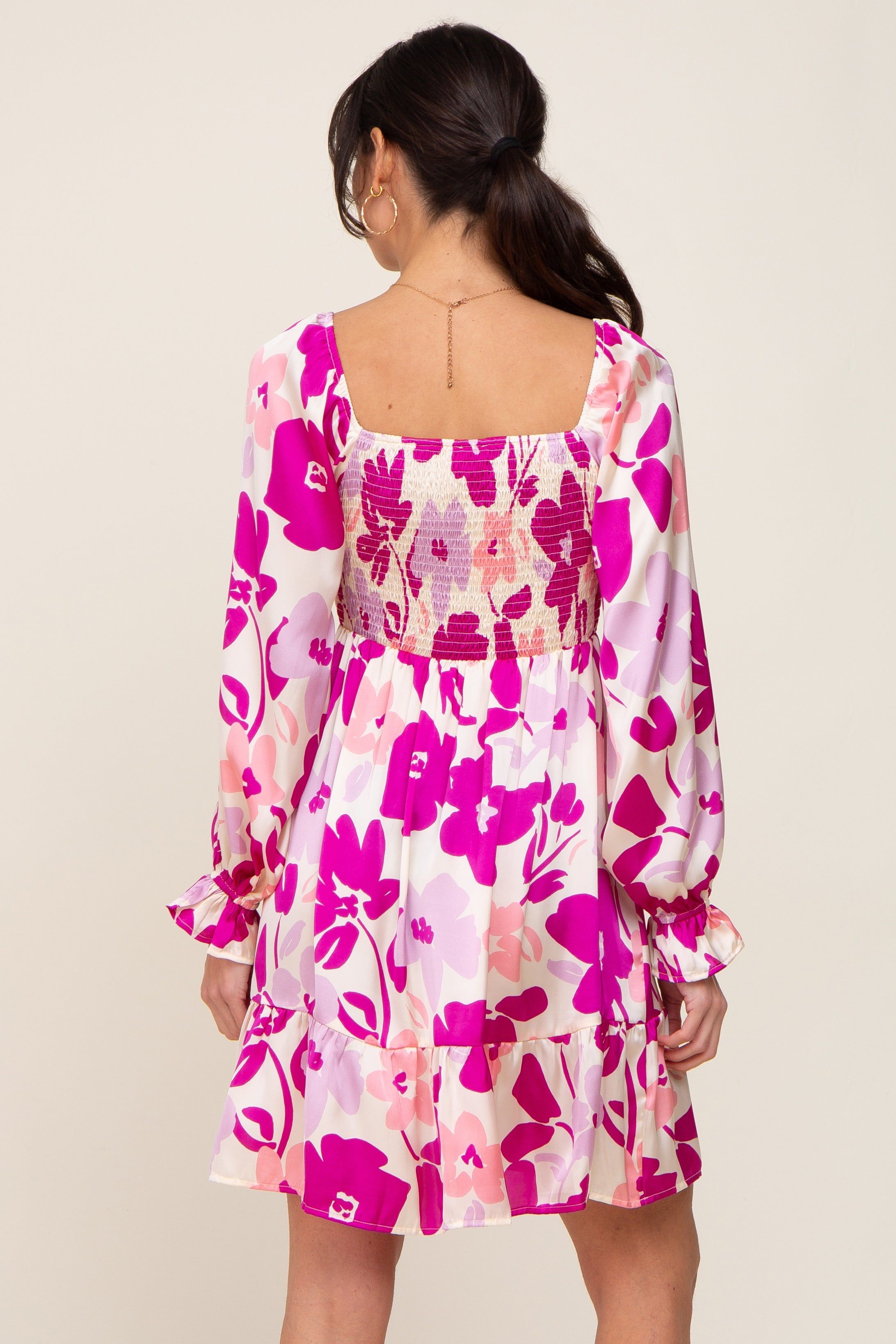 Purple Floral Satin Tiered Smocked Dress sold by Pinkblush product image thumbnail 3
