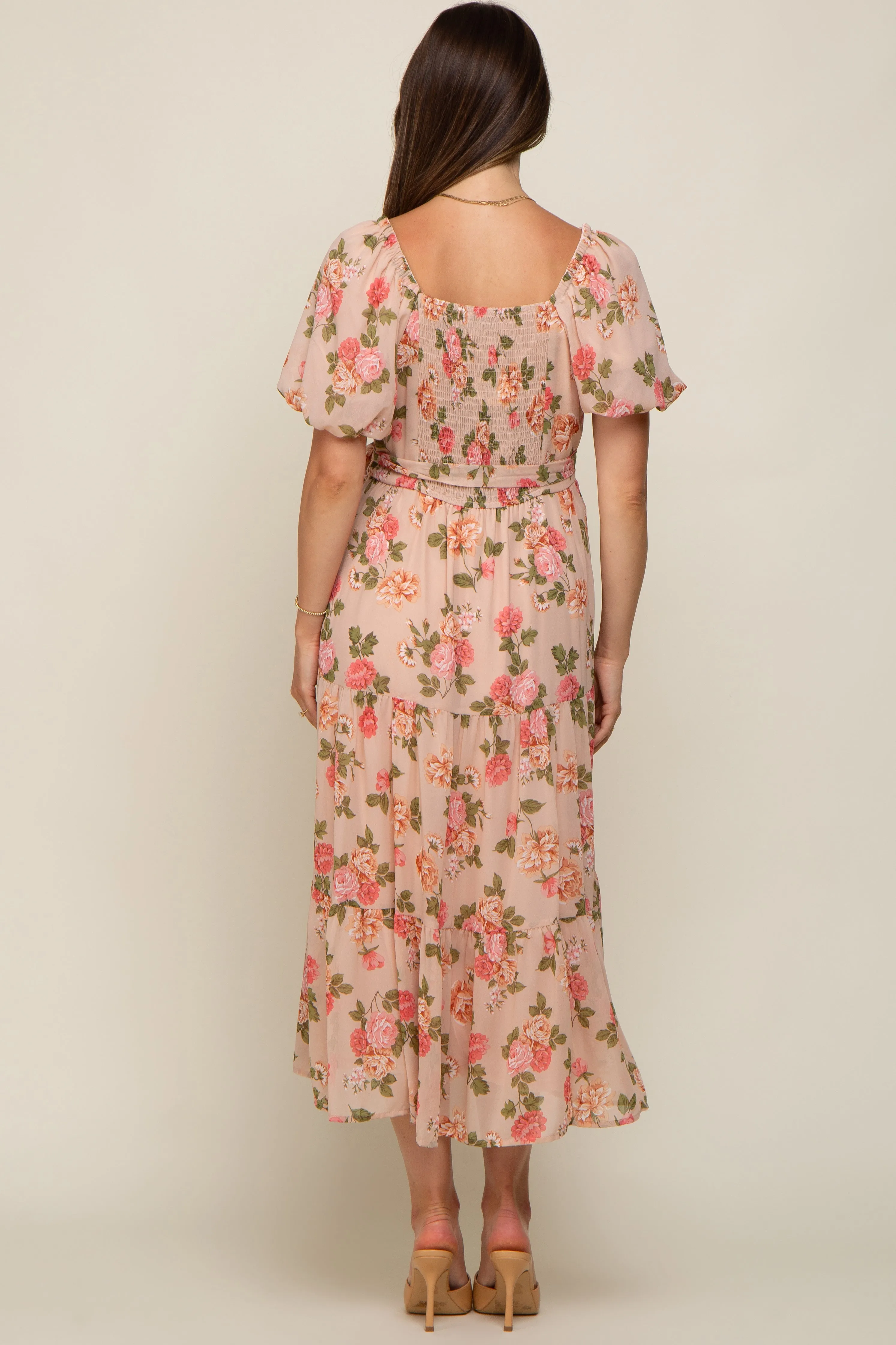 Pink Floral Button Puff Sleeve Maternity Midi Dress sold by Pinkblush product image thumbnail 3