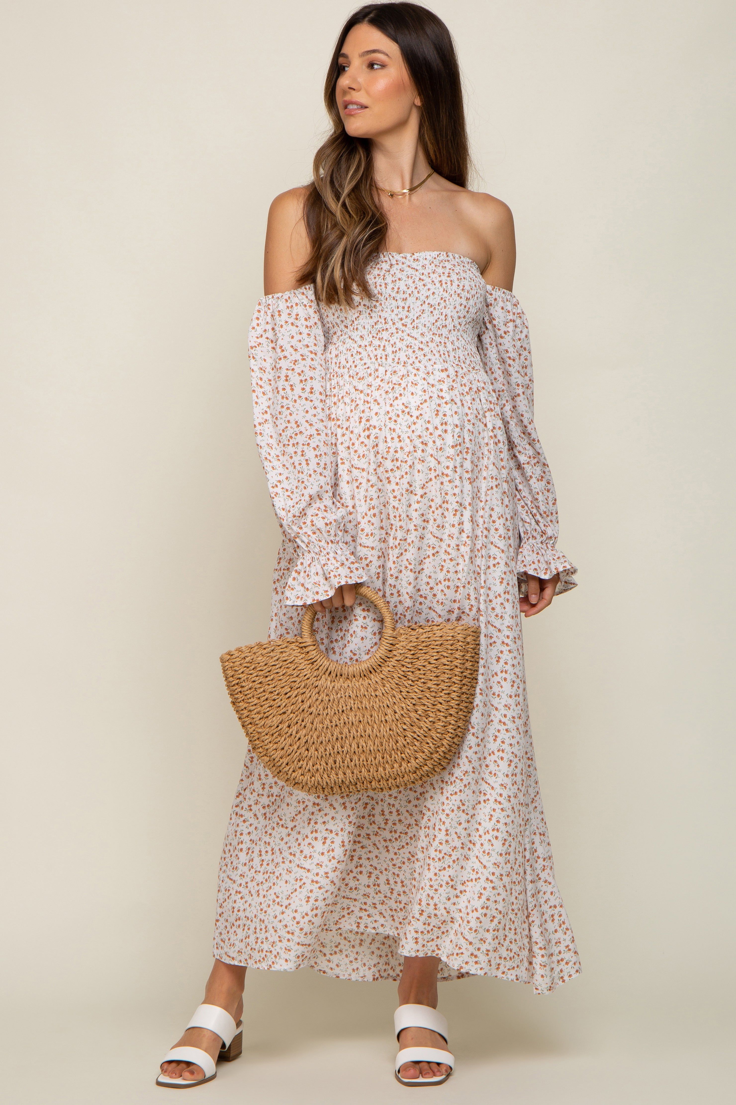 Cream Floral Square Neck Smocked Long Sleeve Maternity Maxi Dress sold by Pinkblush product image thumbnail 2