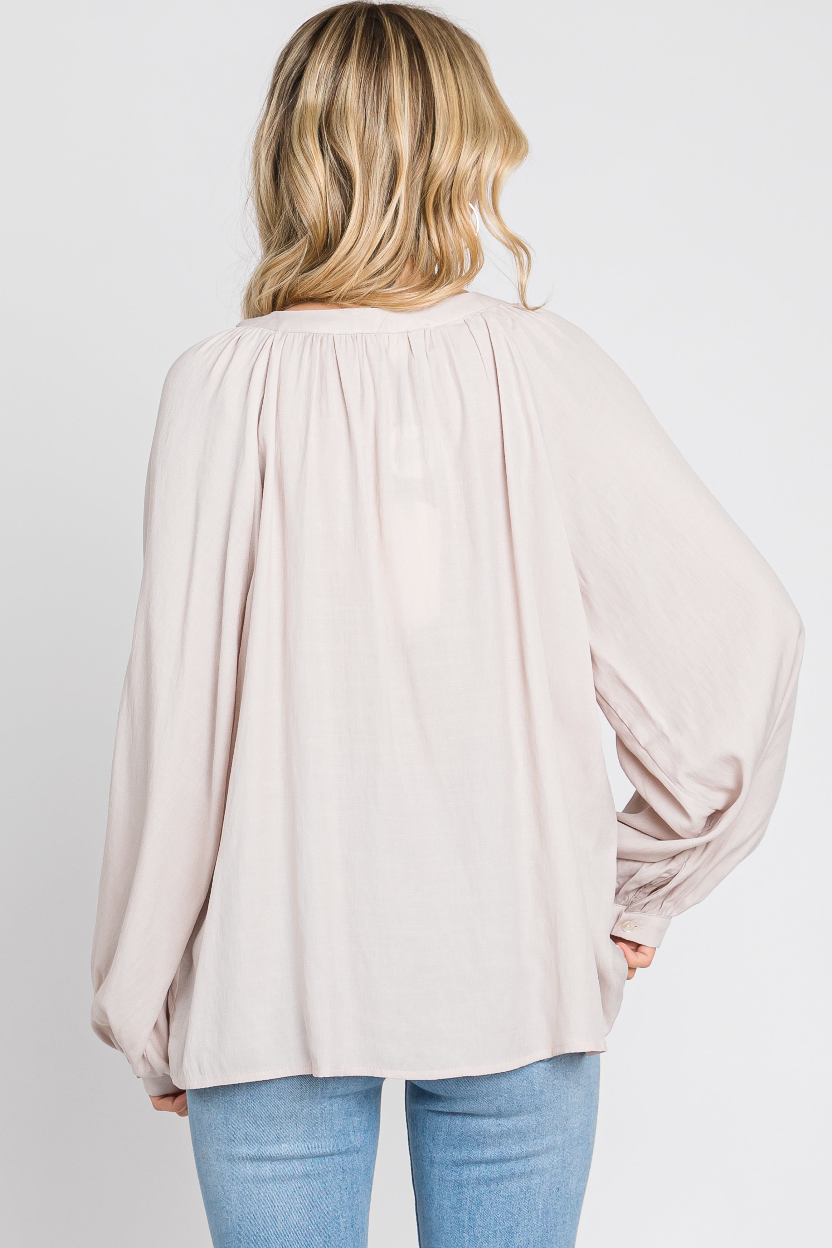 Taupe Button Front Long Puff Sleeve Top sold by Pinkblush product image thumbnail 3