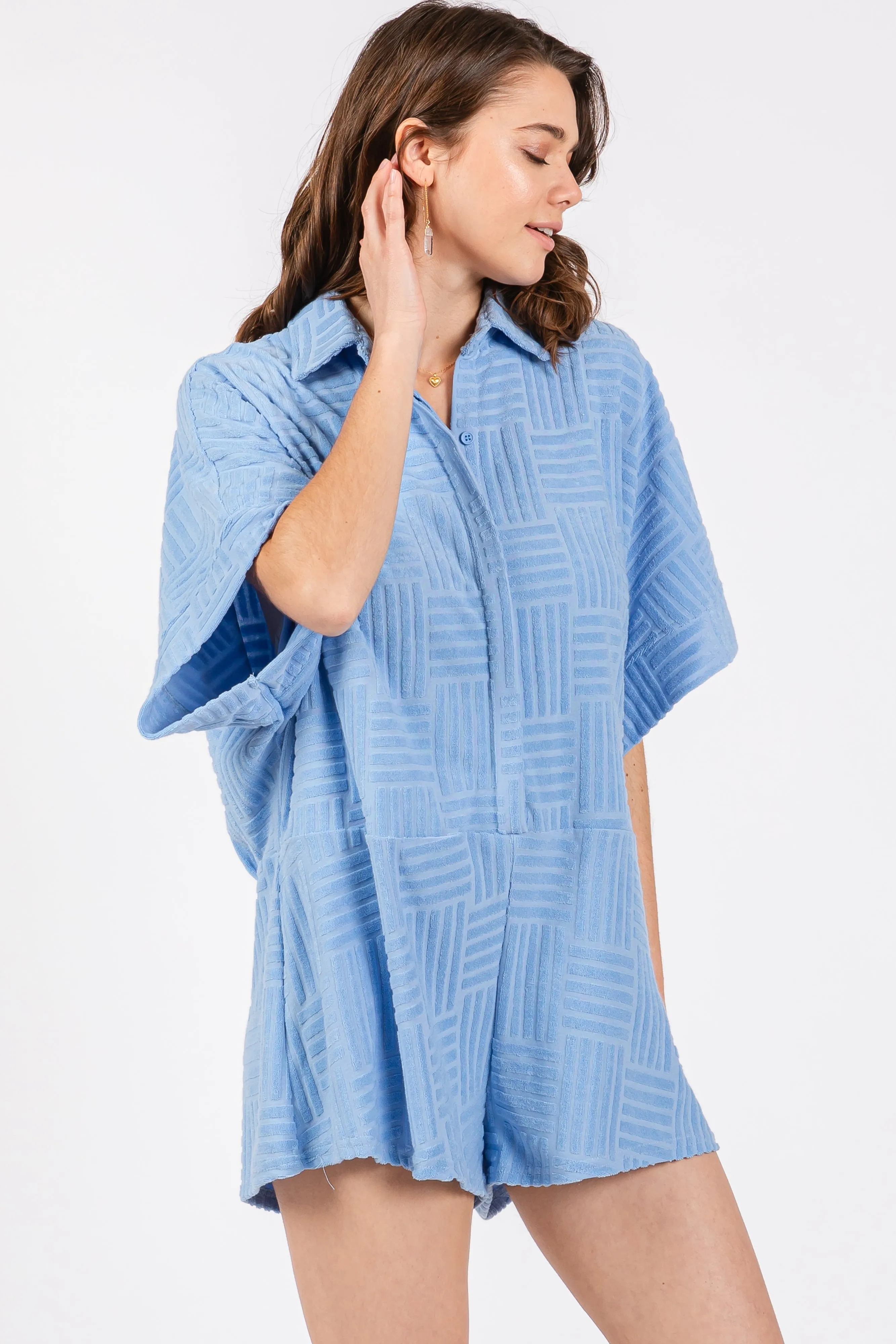 Light Blue Textured Button Front Short Sleeve Romper sold by Pinkblush product image thumbnail 2