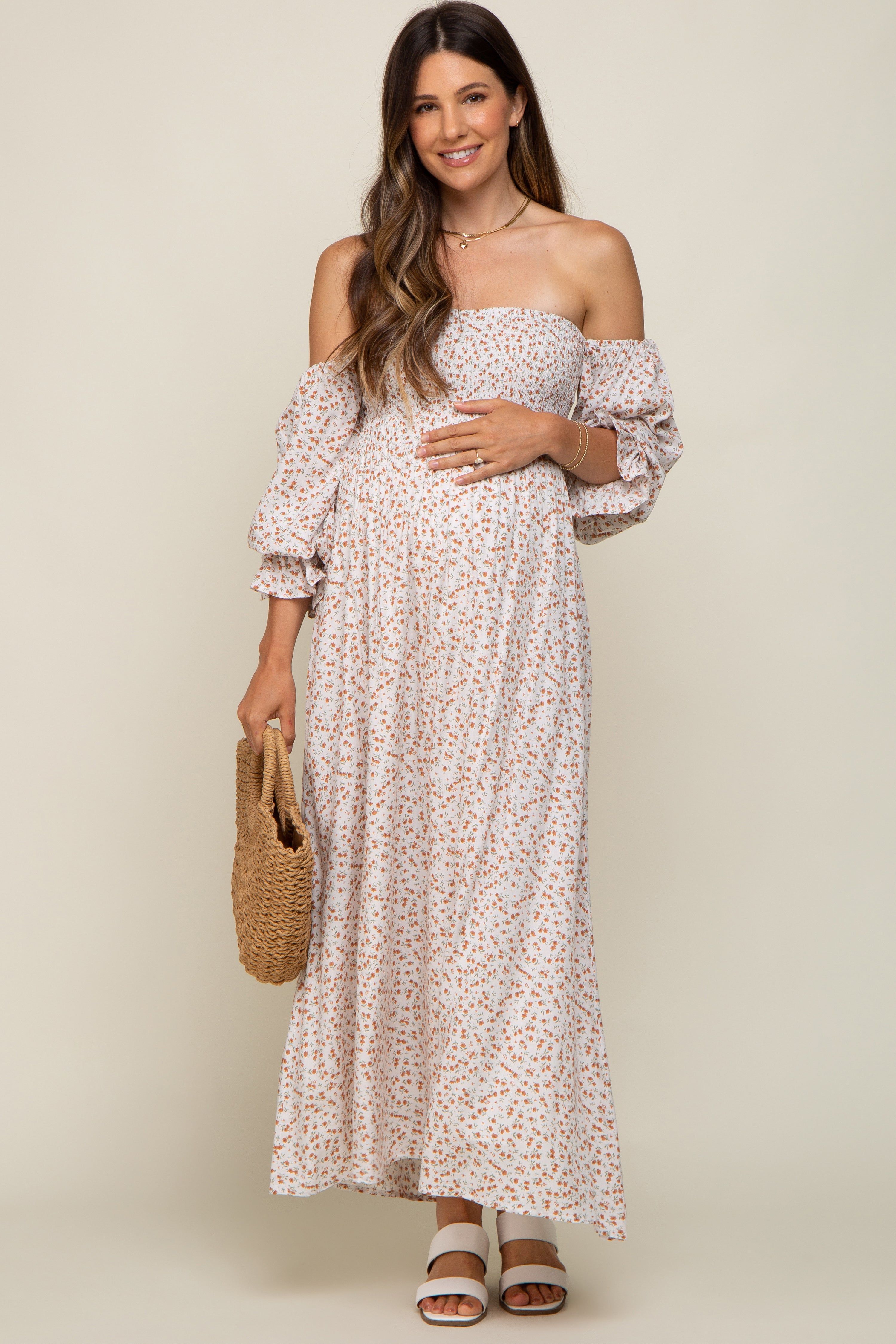 Cream Floral Square Neck Smocked Long Sleeve Maternity Maxi Dress sold by Pinkblush product image thumbnail 6