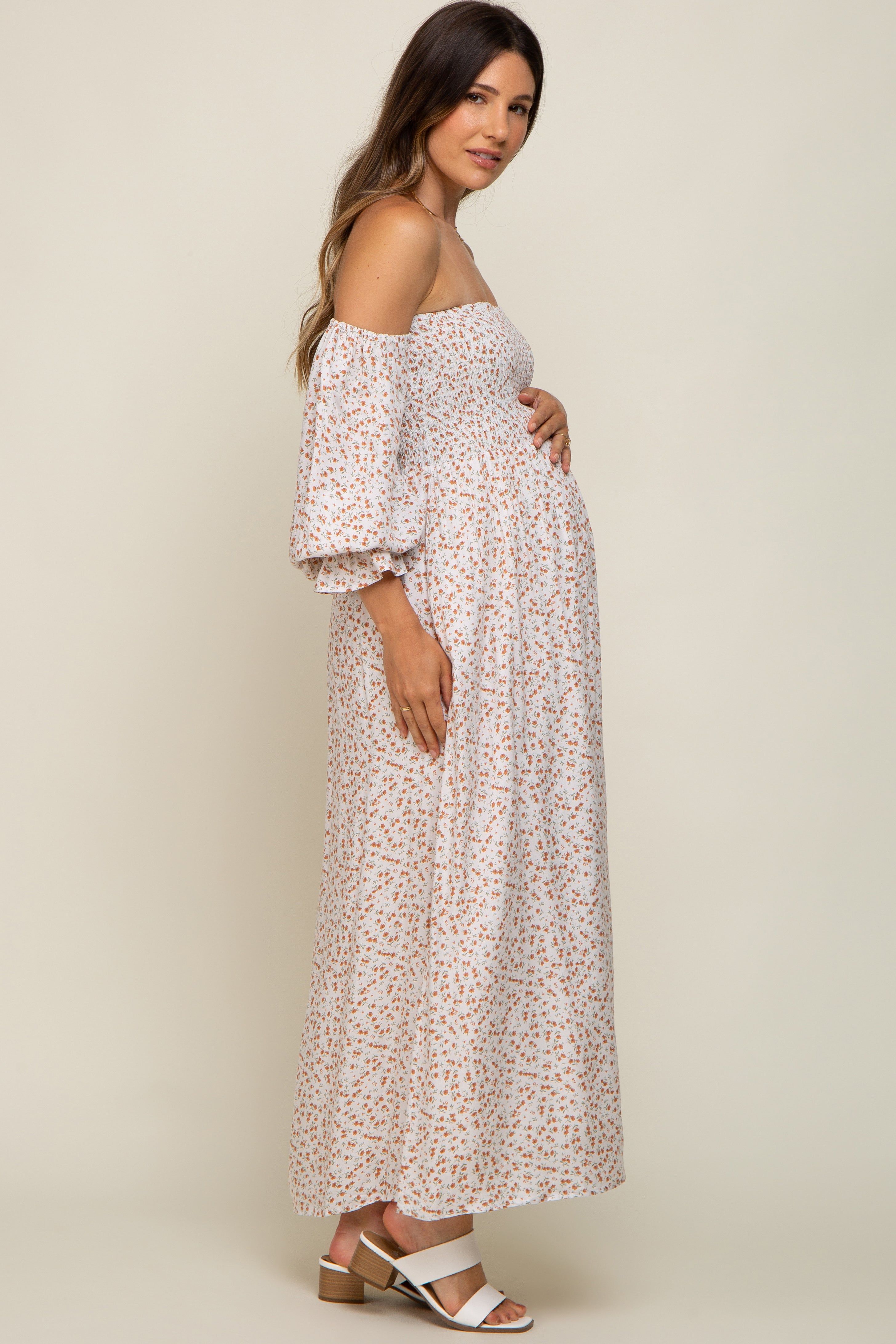 Cream Floral Square Neck Smocked Long Sleeve Maternity Maxi Dress sold by Pinkblush product image thumbnail 3