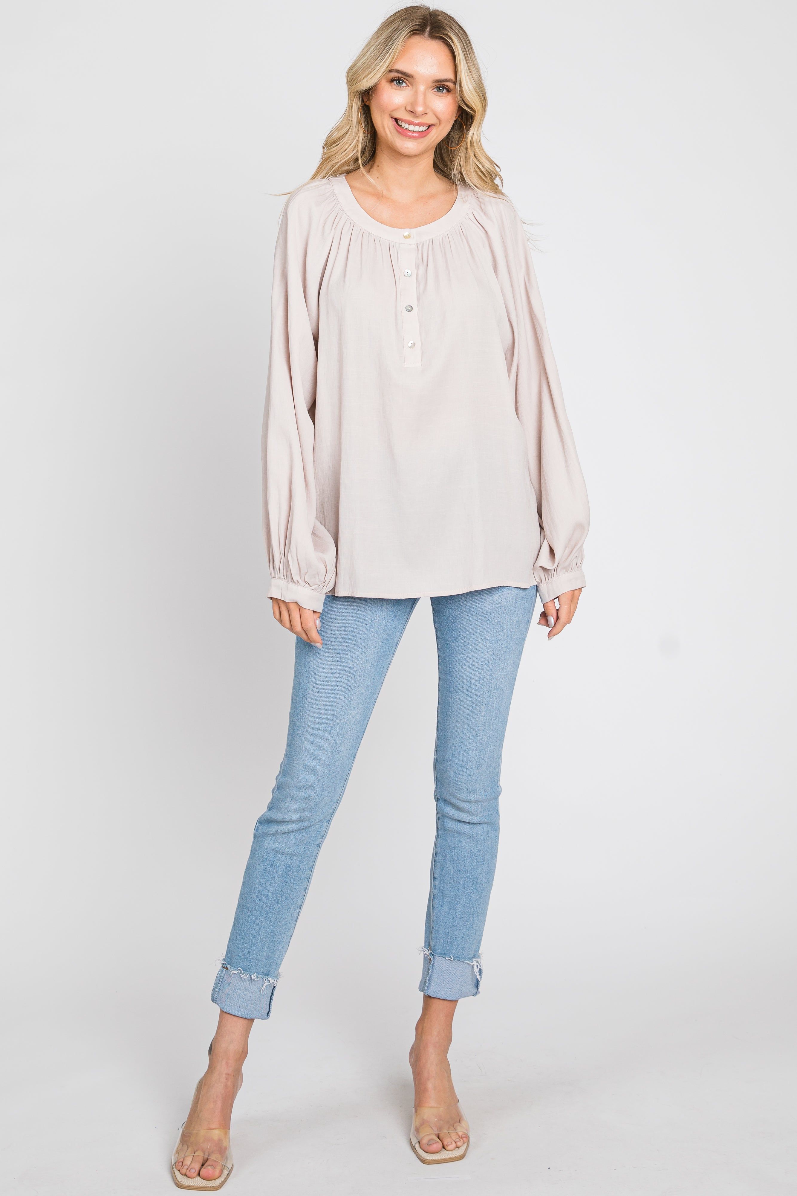Taupe Button Front Long Puff Sleeve Top sold by Pinkblush product image thumbnail 4