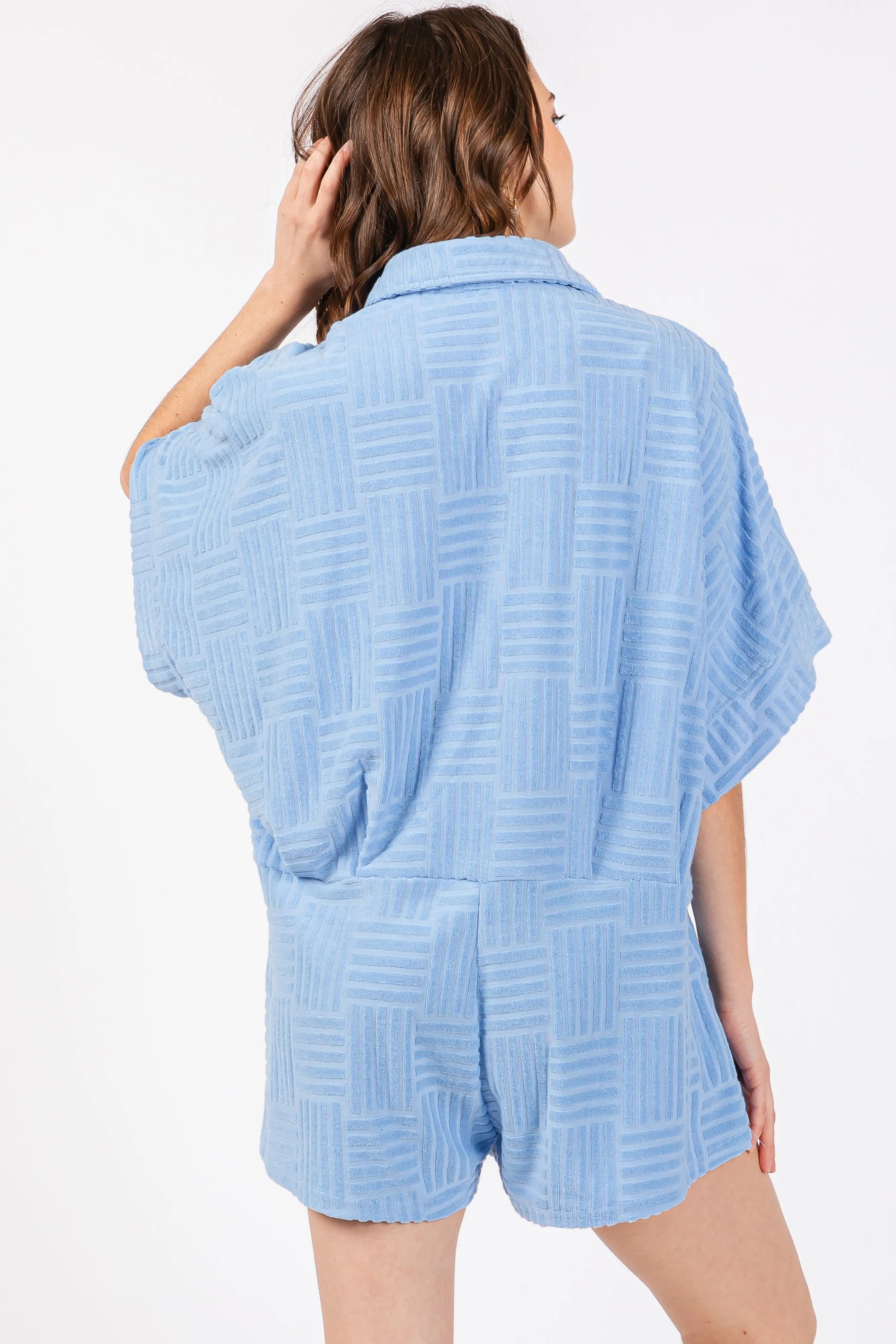 Light Blue Textured Button Front Short Sleeve Romper sold by Pinkblush product image thumbnail 3