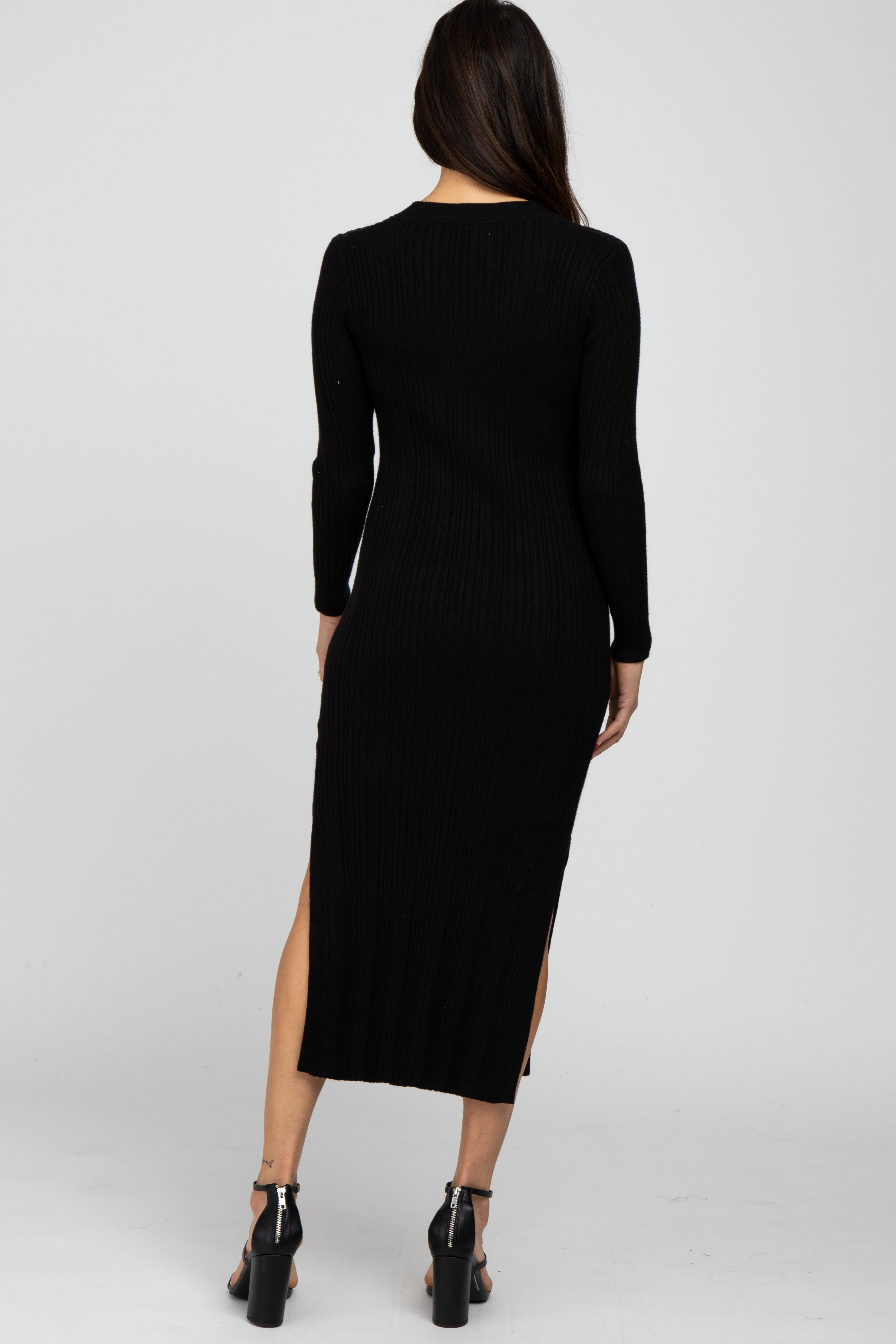Black Ribbed Knit Side Slit Maxi Dress sold by Pinkblush product image thumbnail 3