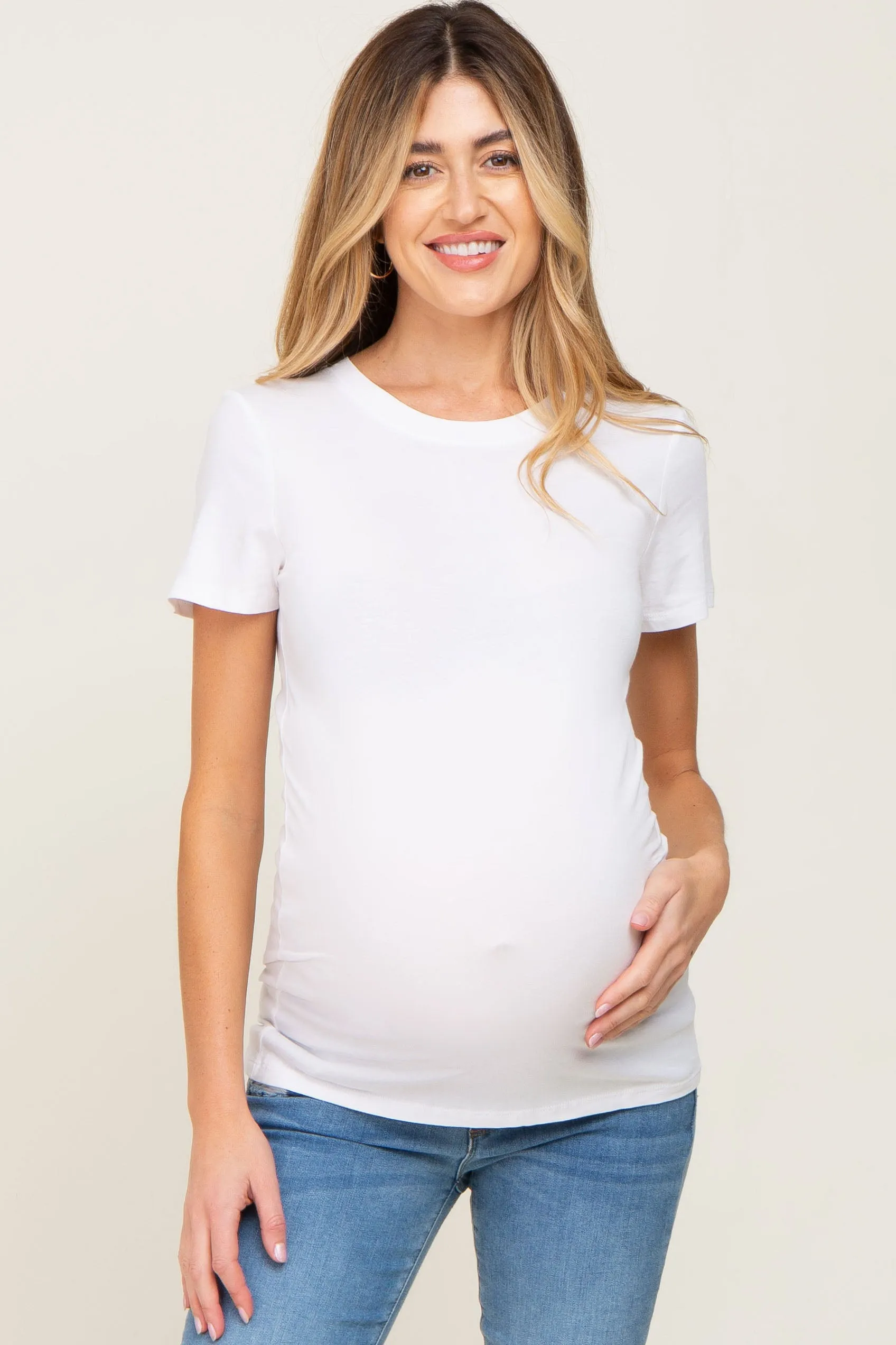 White Basic Crew Neck Maternity Tee sold by Pinkblush
