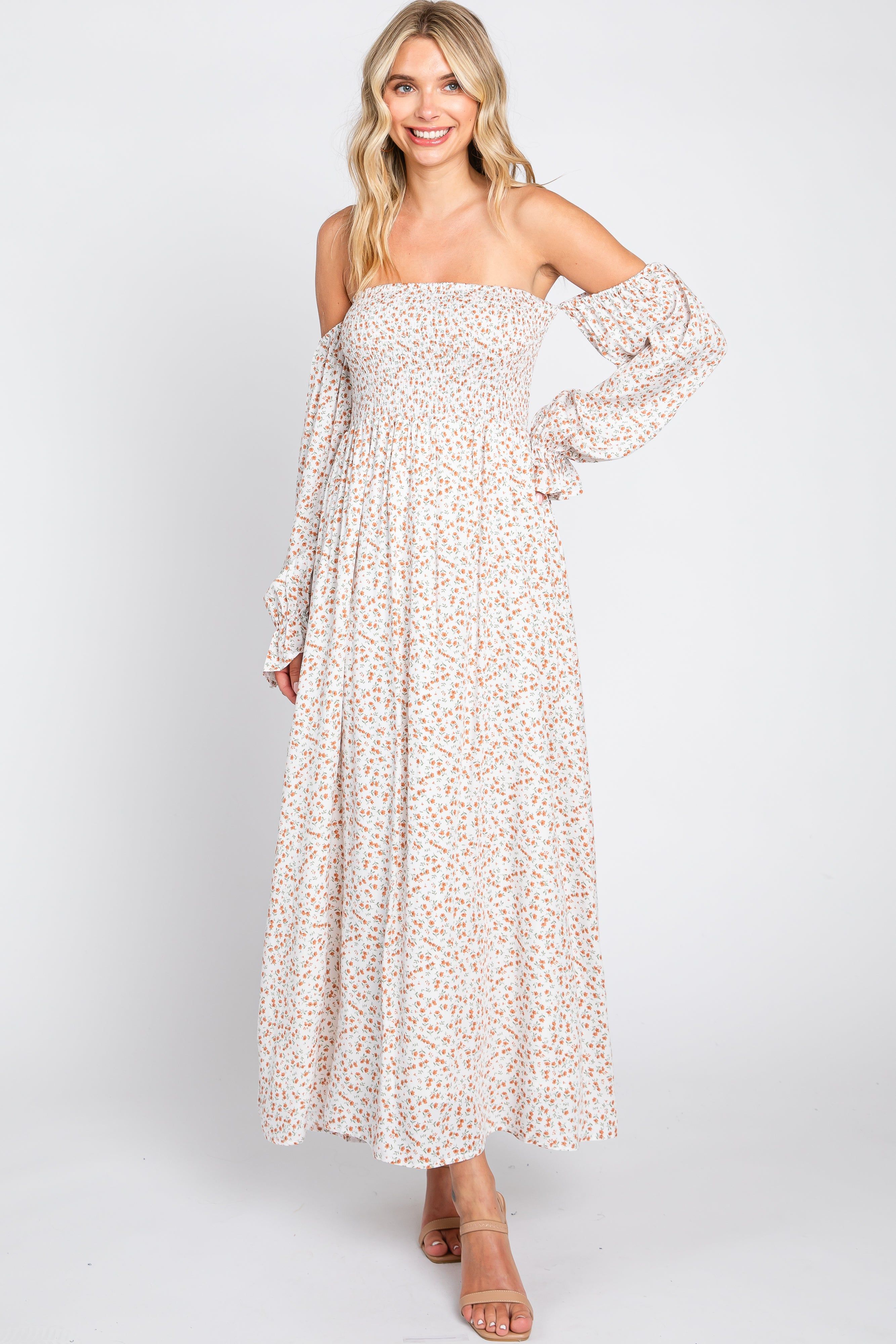 Cream Floral Square Neck Smocked Long Sleeve Maternity Maxi Dress sold by Pinkblush product image thumbnail 7
