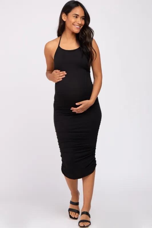 Black Ruched Criss Cross Back Maternity Midi Dress sold by Pinkblush