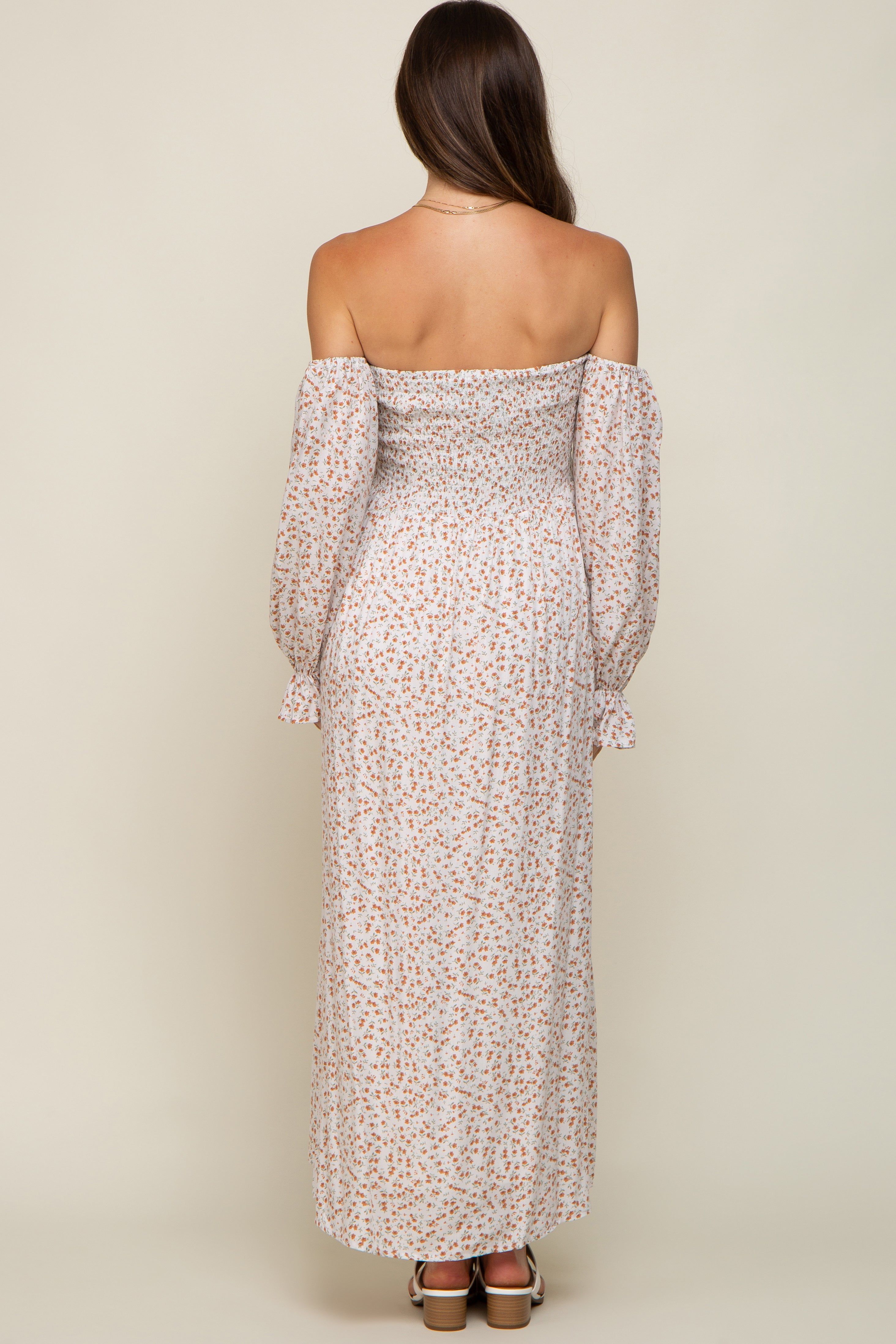 Cream Floral Square Neck Smocked Long Sleeve Maternity Maxi Dress sold by Pinkblush product image thumbnail 4