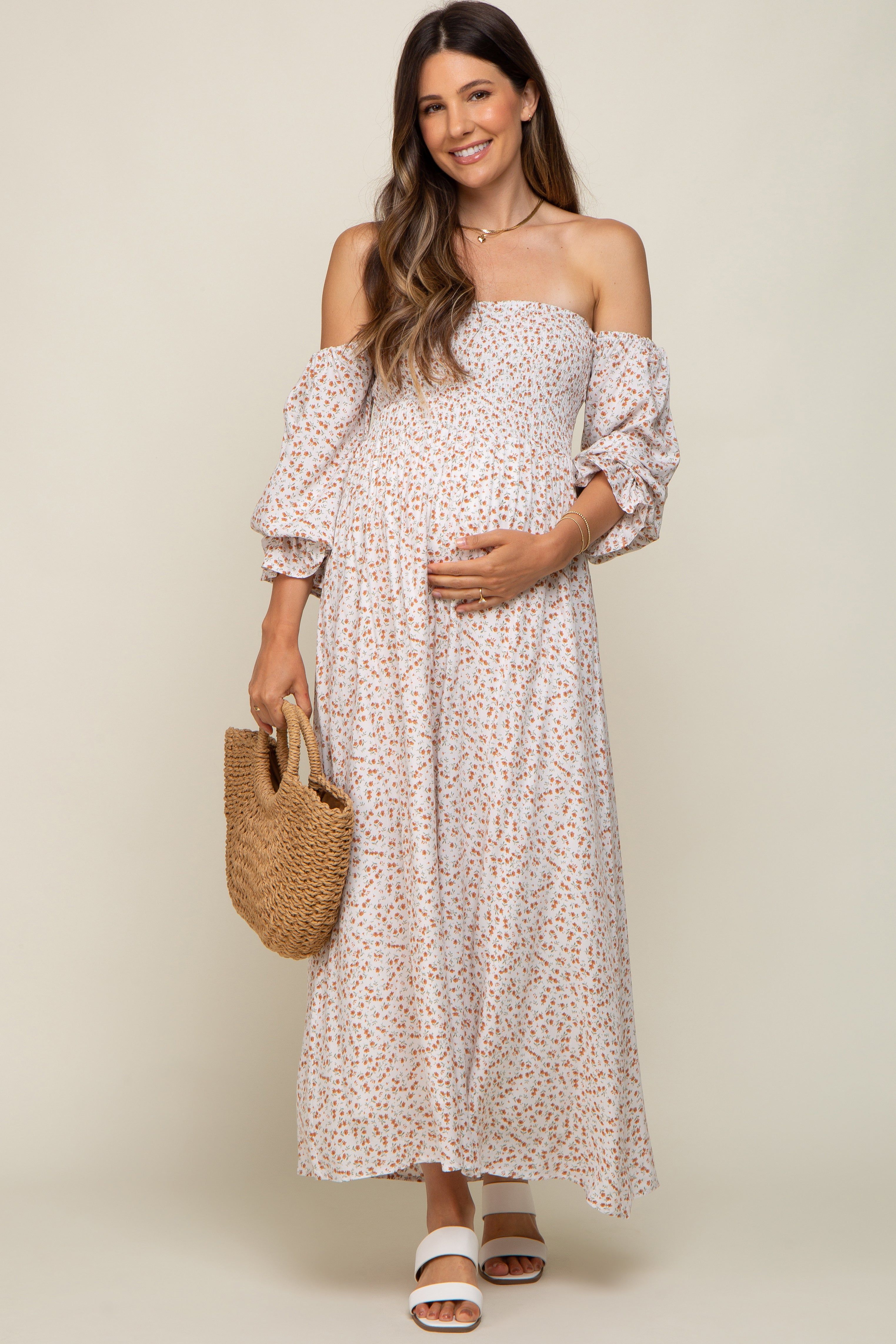 Cream Floral Square Neck Smocked Long Sleeve Maternity Maxi Dress sold by Pinkblush