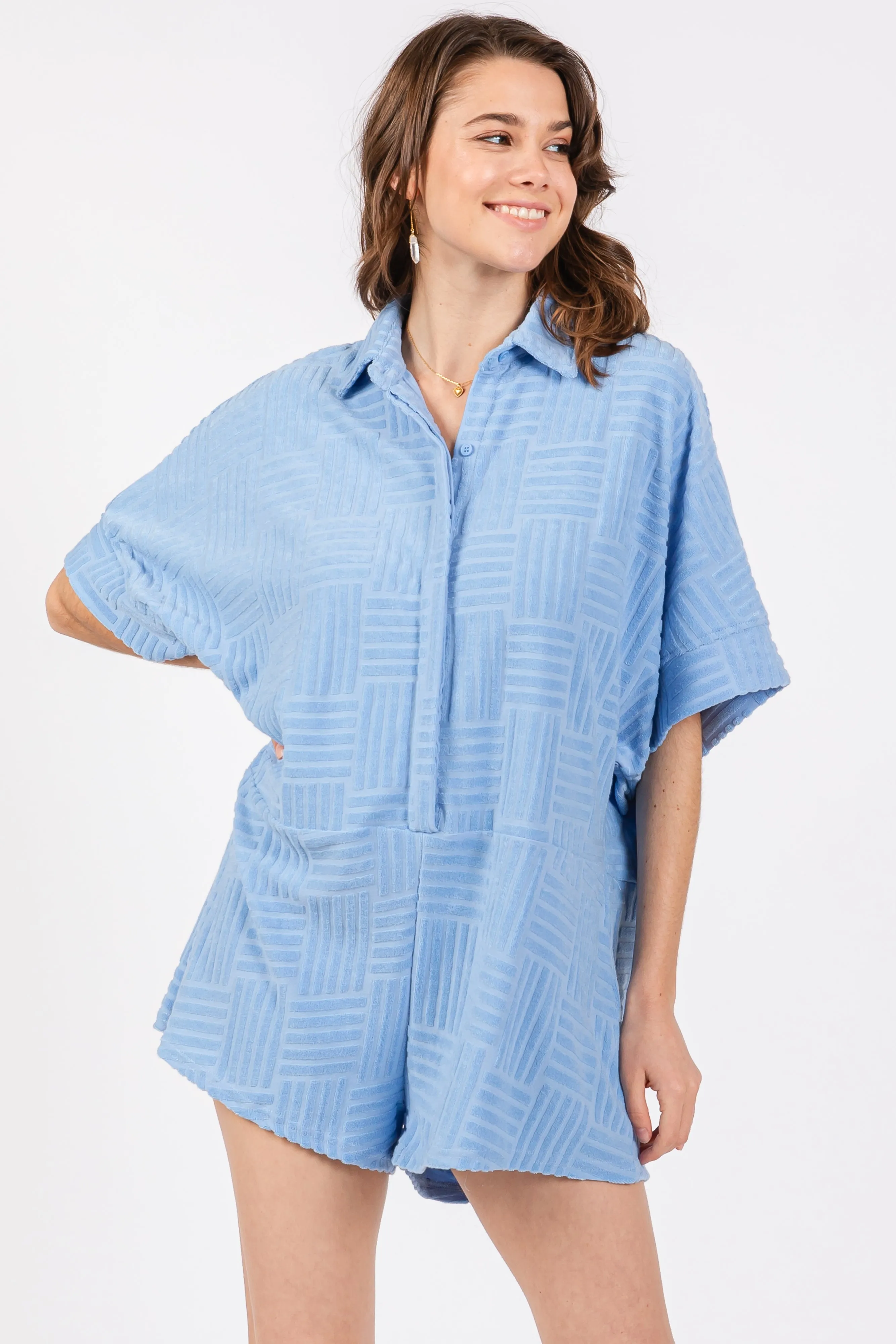 Light Blue Textured Button Front Short Sleeve Romper sold by Pinkblush