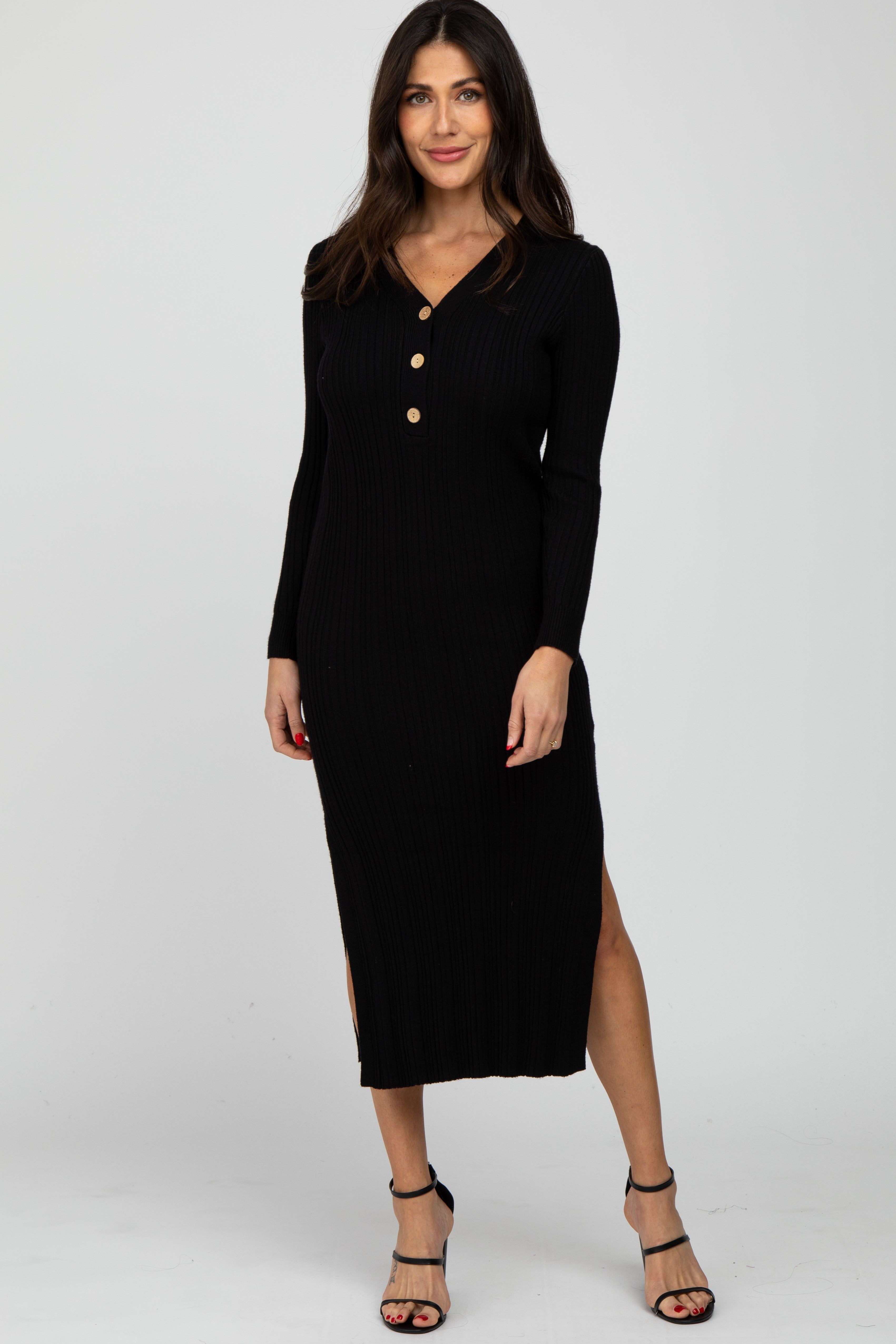 Black Ribbed Knit Side Slit Maxi Dress sold by Pinkblush