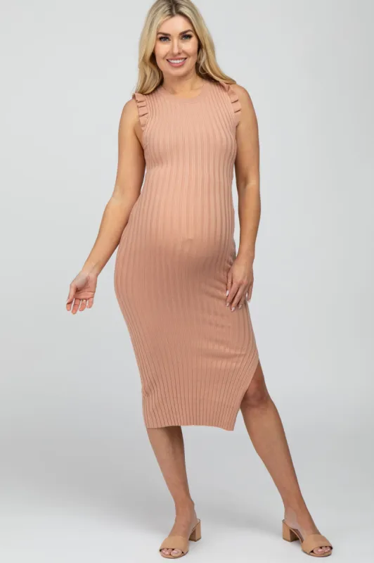 Peach Ribbed Flutter Accent Maternity Midi Dress sold by Pinkblush