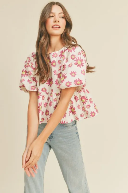Pink Daisy Floral Bubble Sleeve Babydoll Top sold by Pinkblush