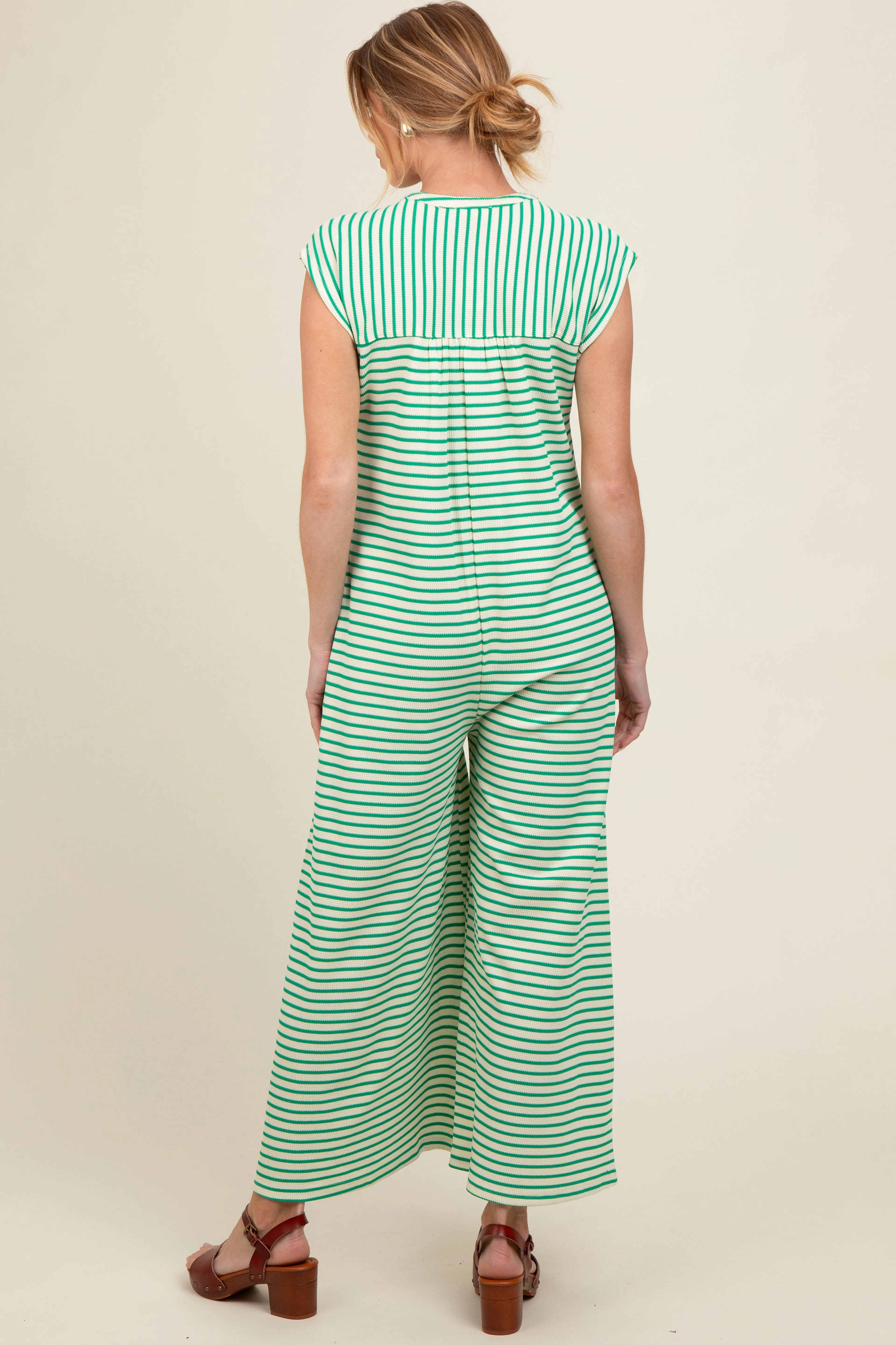Green Striped Button Up Wide Leg Maternity Jumpsuit sold by Pinkblush product image thumbnail 2