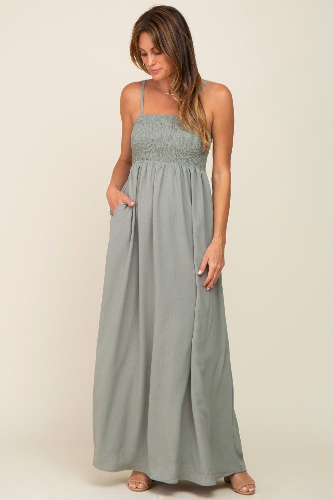 Light Olive Smocked Sleeveless Maxi Dress sold by Pinkblush product image thumbnail 4
