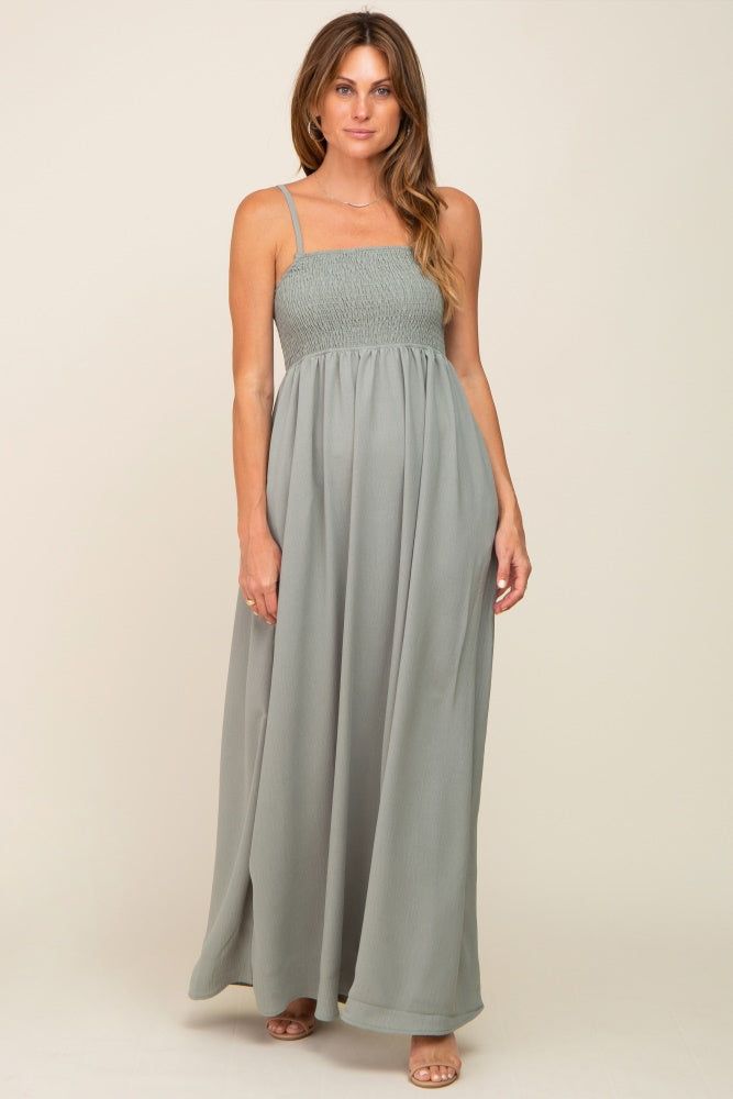 Light Olive Smocked Sleeveless Maxi Dress sold by Pinkblush