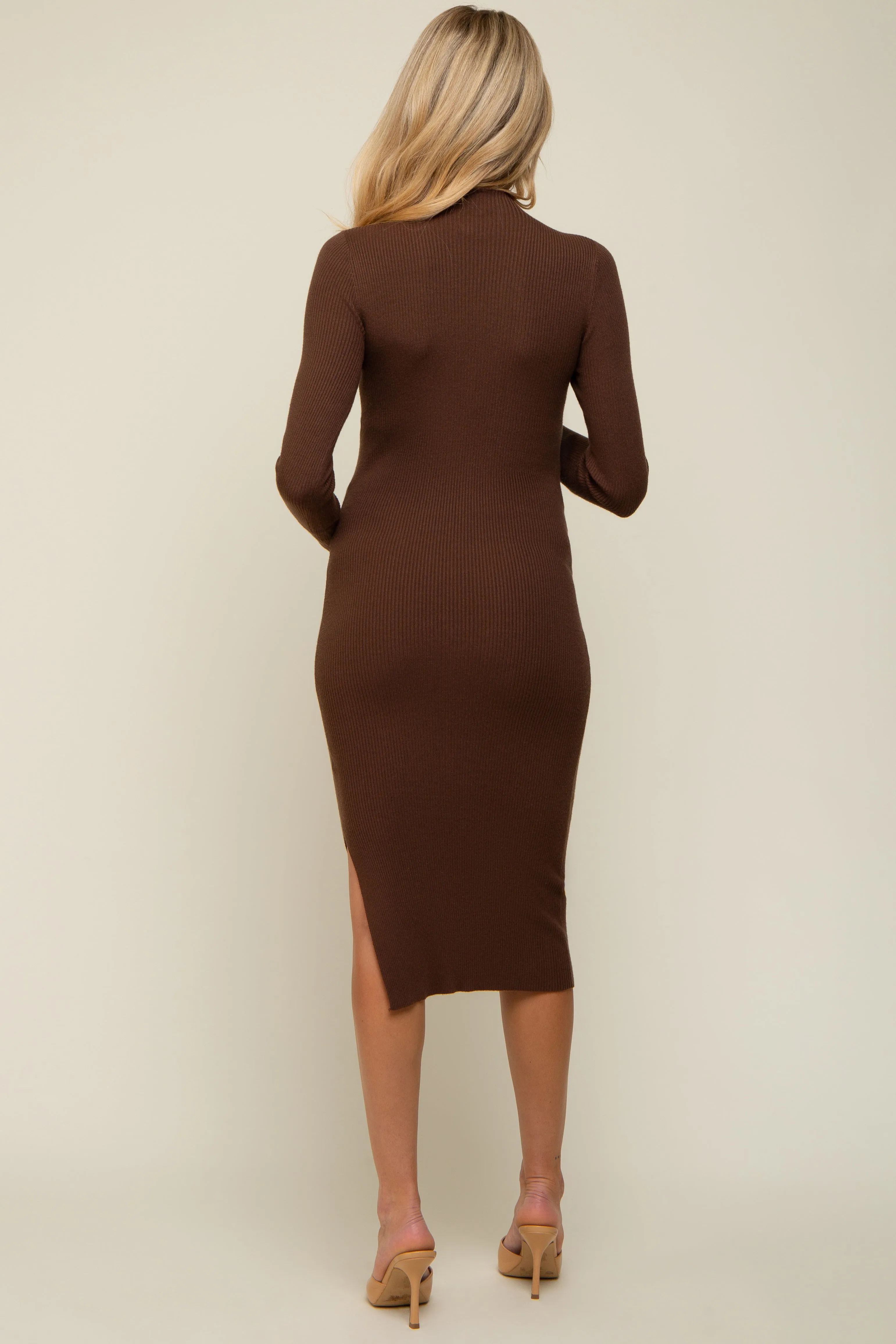 Brown Ribbed Fitted Mock Neck Long Sleeve Maternity Midi Dress sold by Pinkblush product image thumbnail 3