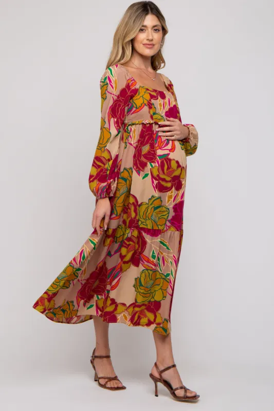 Mocha Floral Long Sleeve Maternity Midi Dress sold by Pinkblush