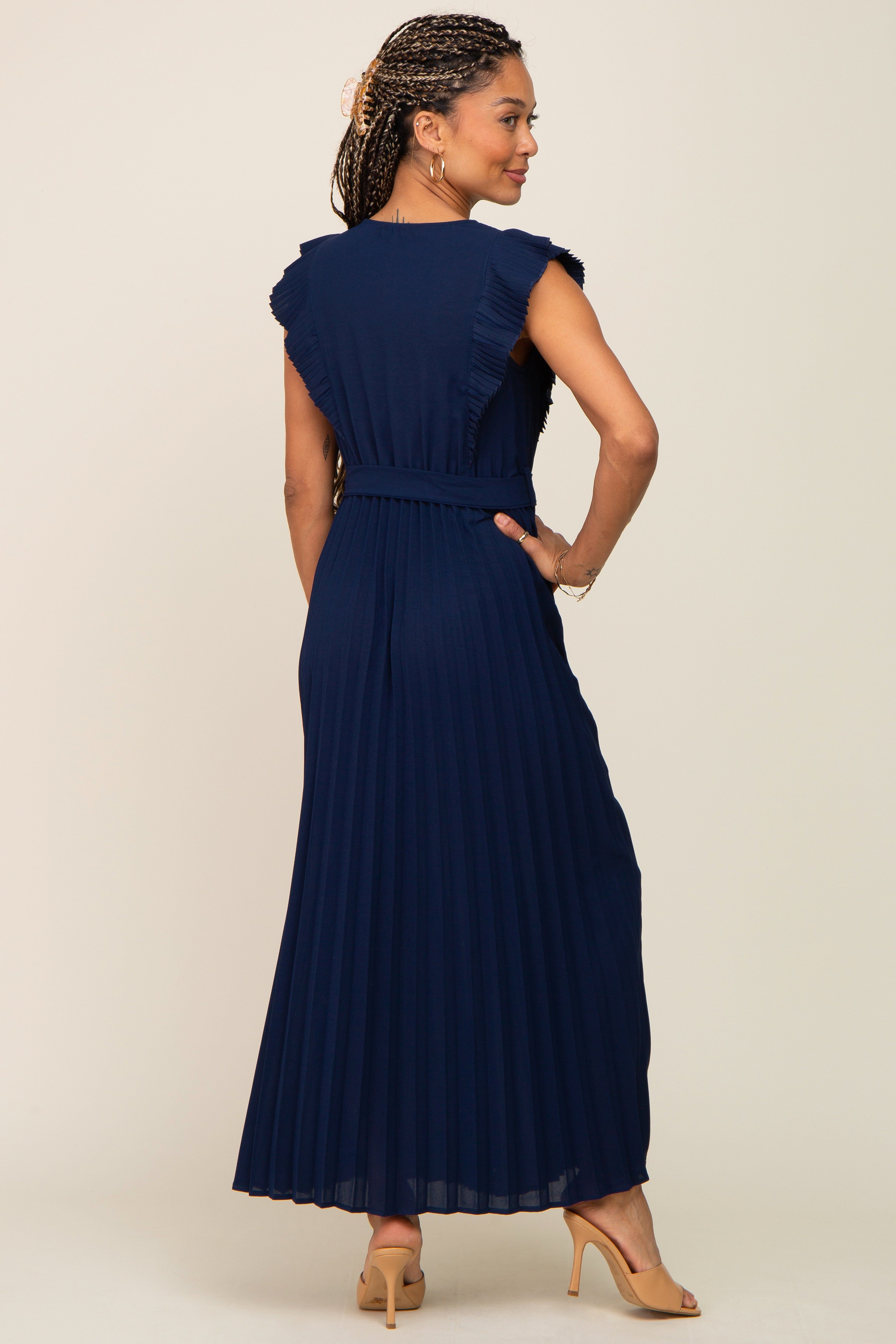 Navy Pleated Waist Tie Maxi Dress sold by Pinkblush product image thumbnail 3
