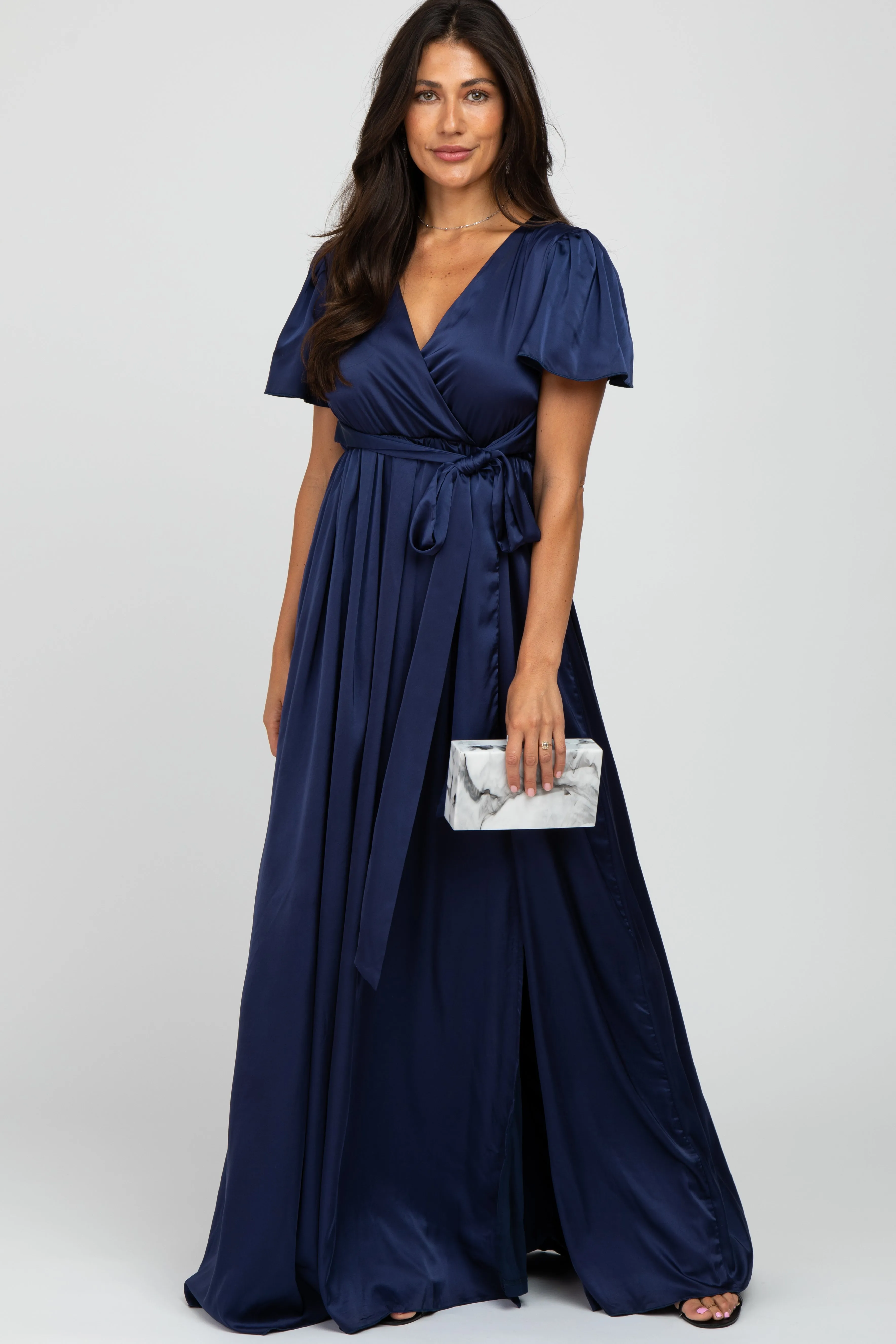 Navy Side Slit Satin Maternity Maxi Dress sold by Pinkblush product image thumbnail 4