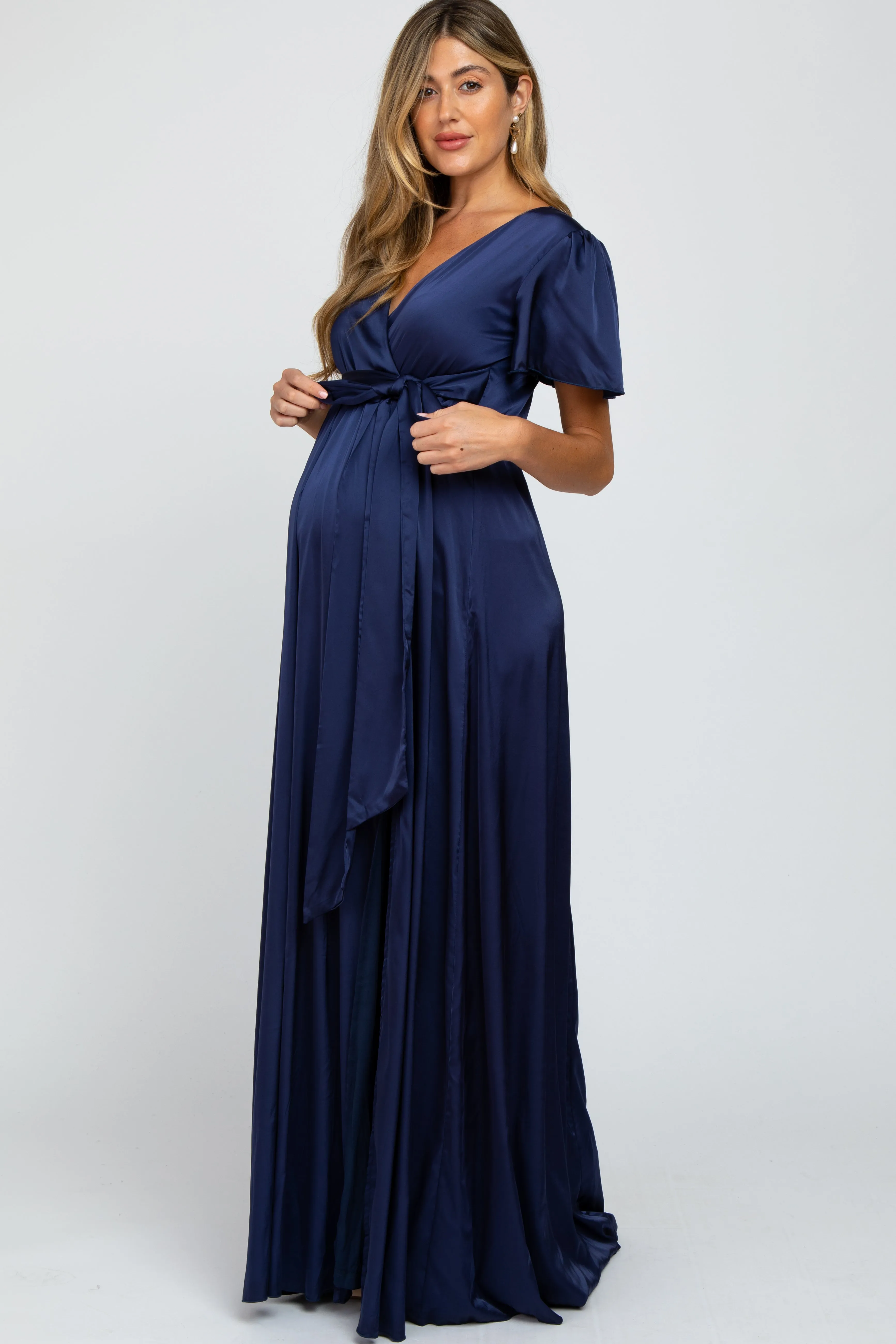 Navy Side Slit Satin Maternity Maxi Dress sold by Pinkblush product image thumbnail 2