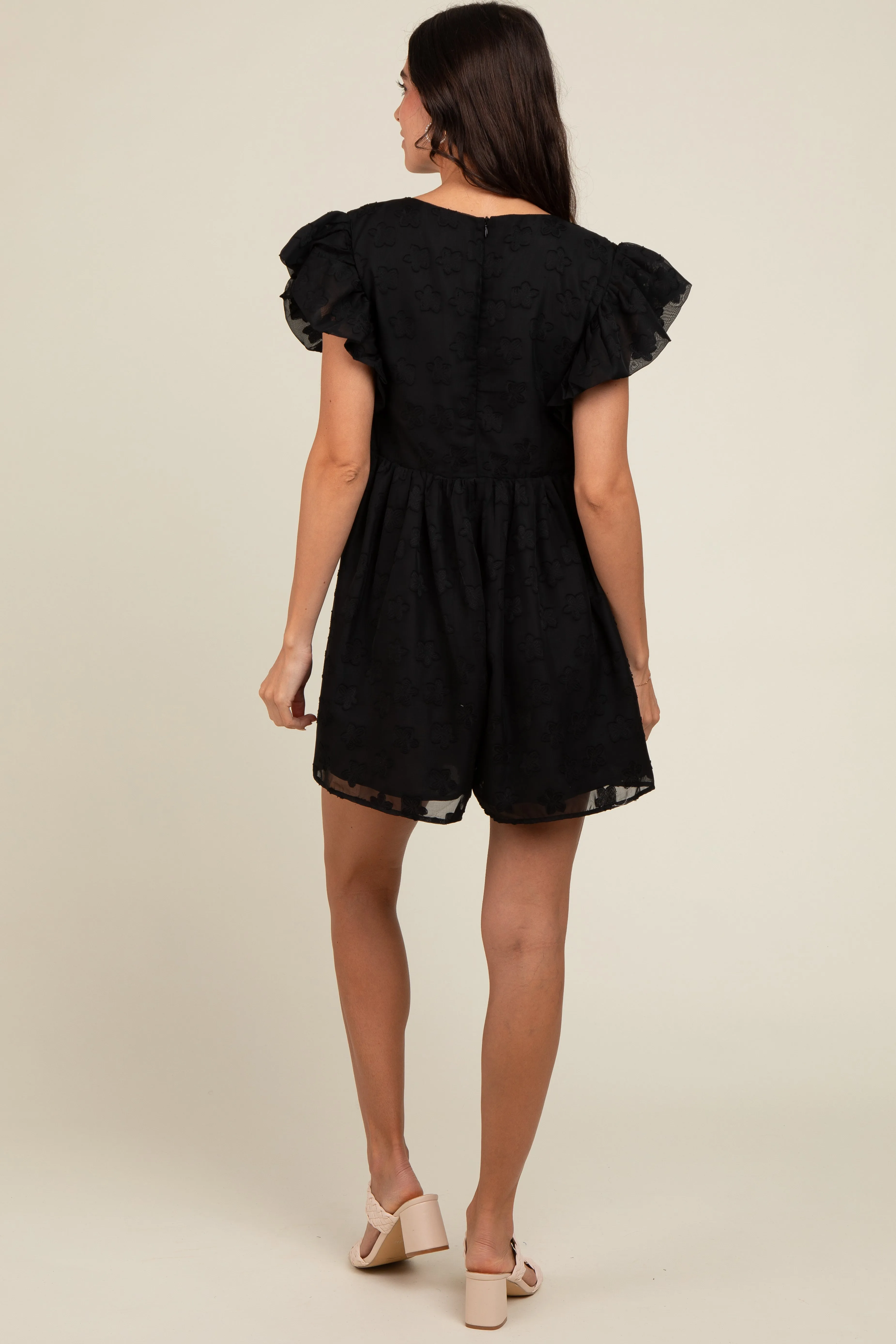 Black Floral Split V-Neck Ruffle Sleeve Romper sold by Pinkblush product image thumbnail 4