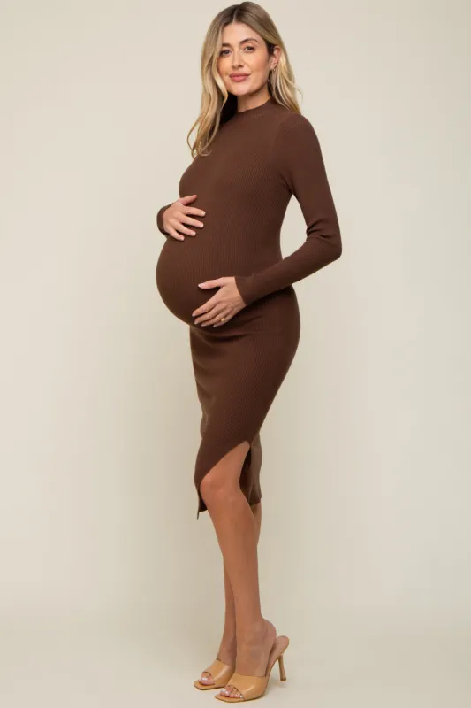Brown Ribbed Fitted Mock Neck Long Sleeve Maternity Midi Dress sold by Pinkblush