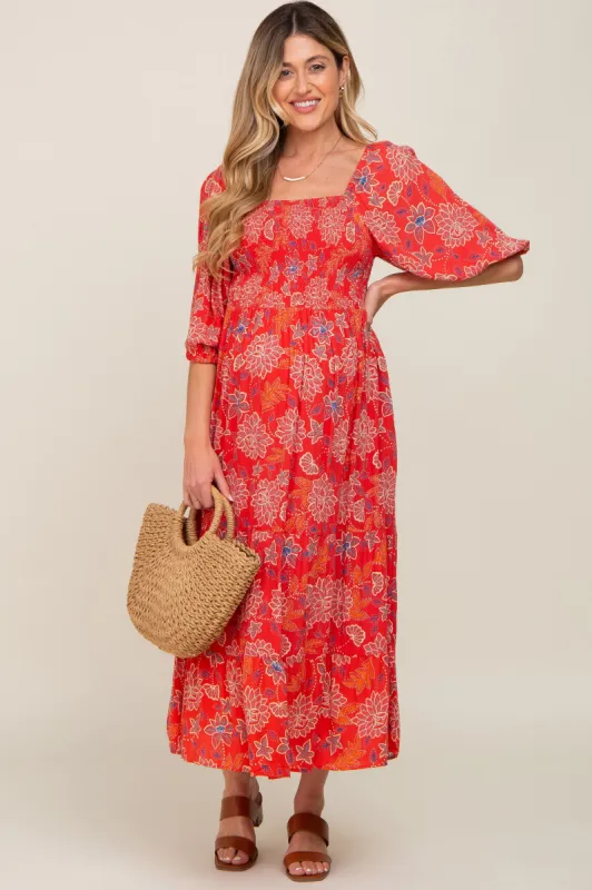 Red Floral Smocked Square Neck Tiered Maternity Midi Dress sold by Pinkblush