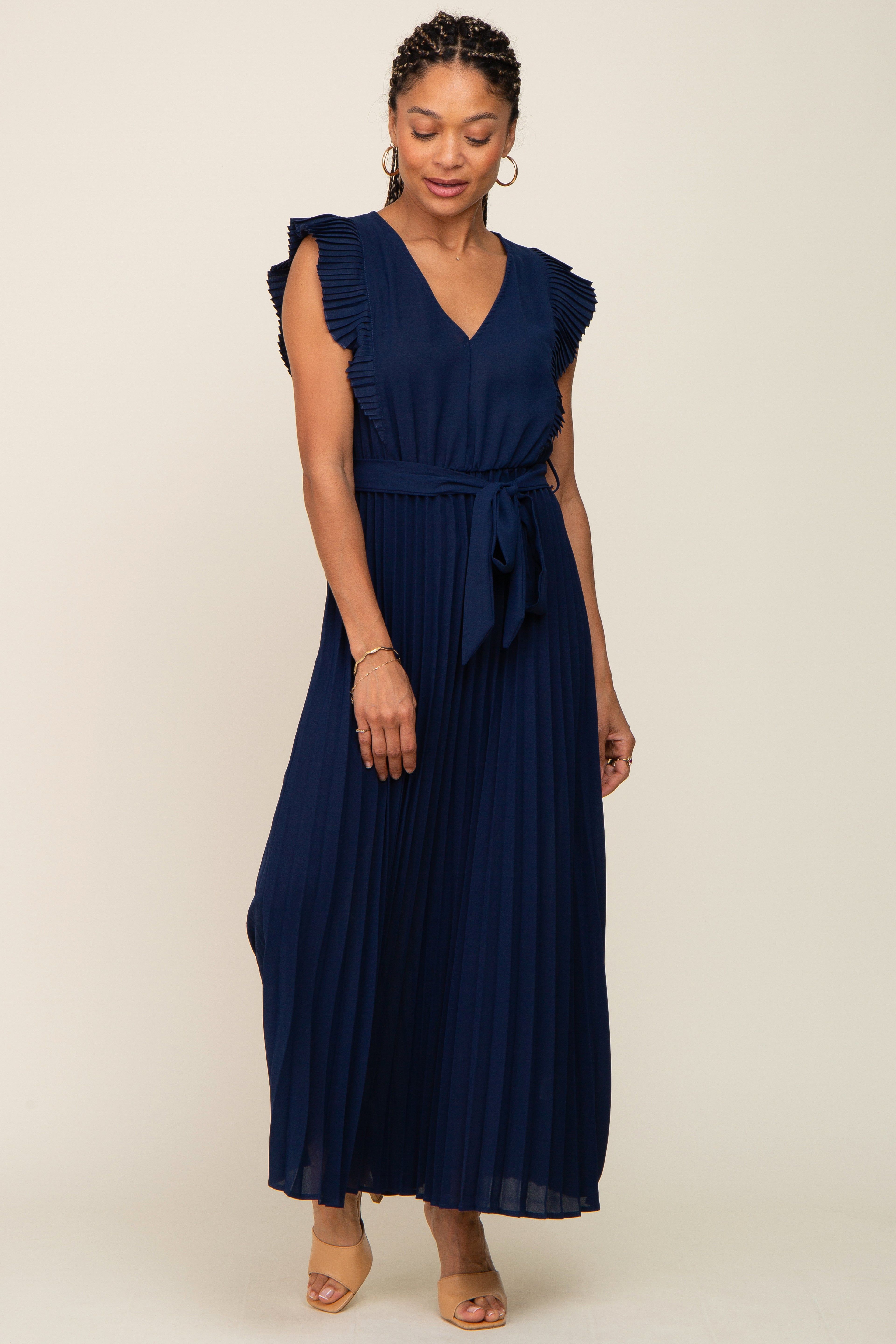 Navy Pleated Waist Tie Maxi Dress sold by Pinkblush product image thumbnail 4
