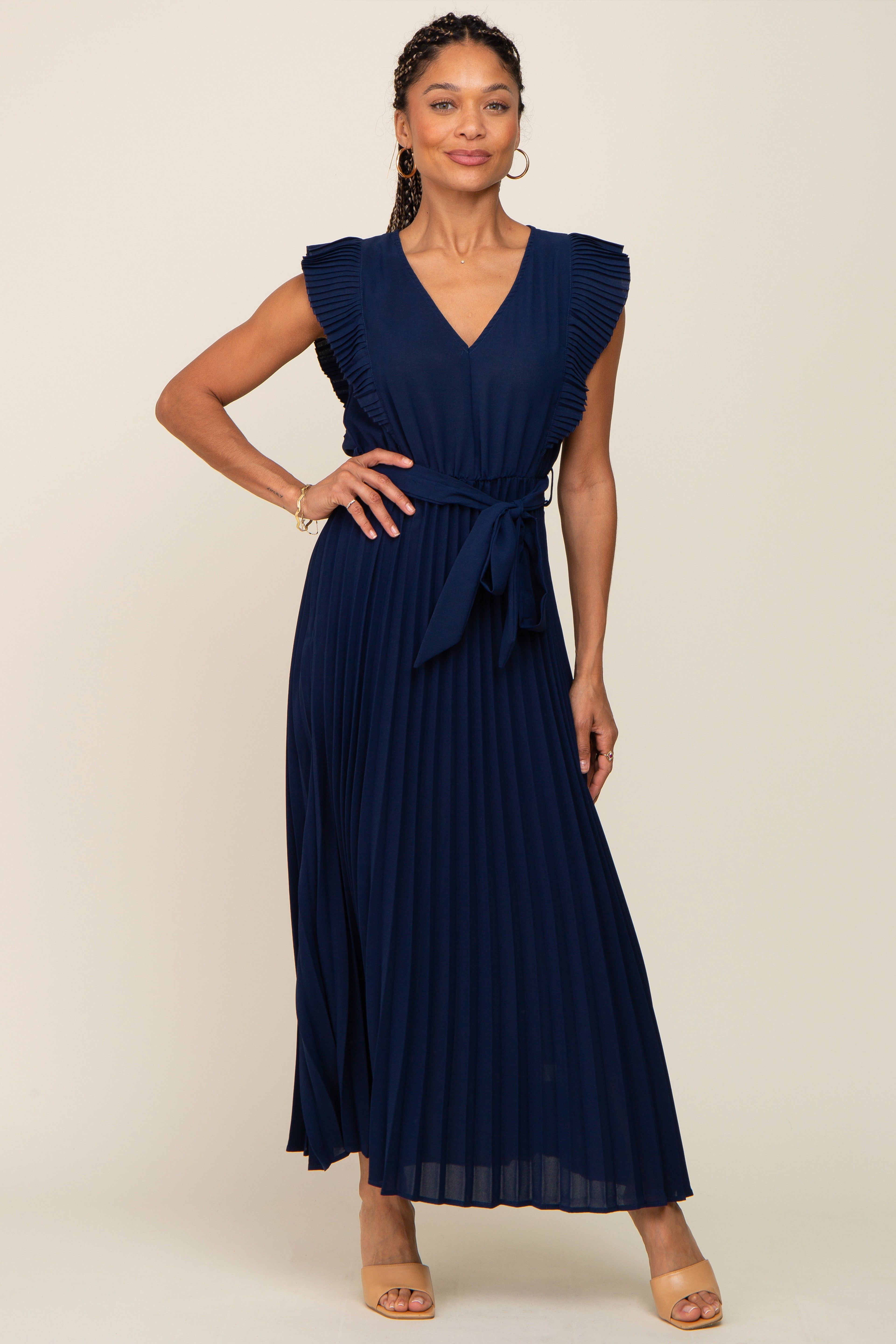 Navy Pleated Waist Tie Maxi Dress sold by Pinkblush
