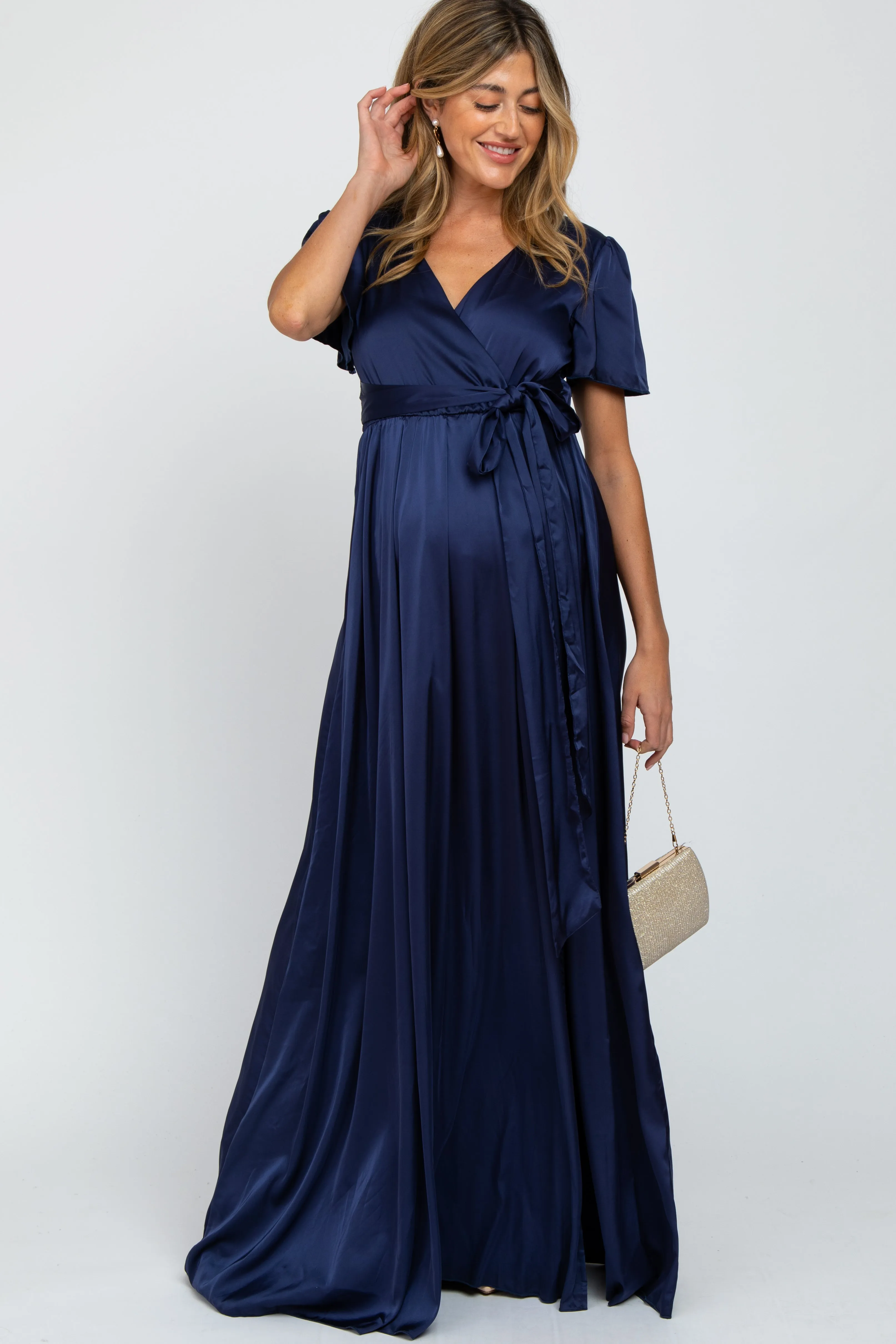 Navy Side Slit Satin Maternity Maxi Dress sold by Pinkblush