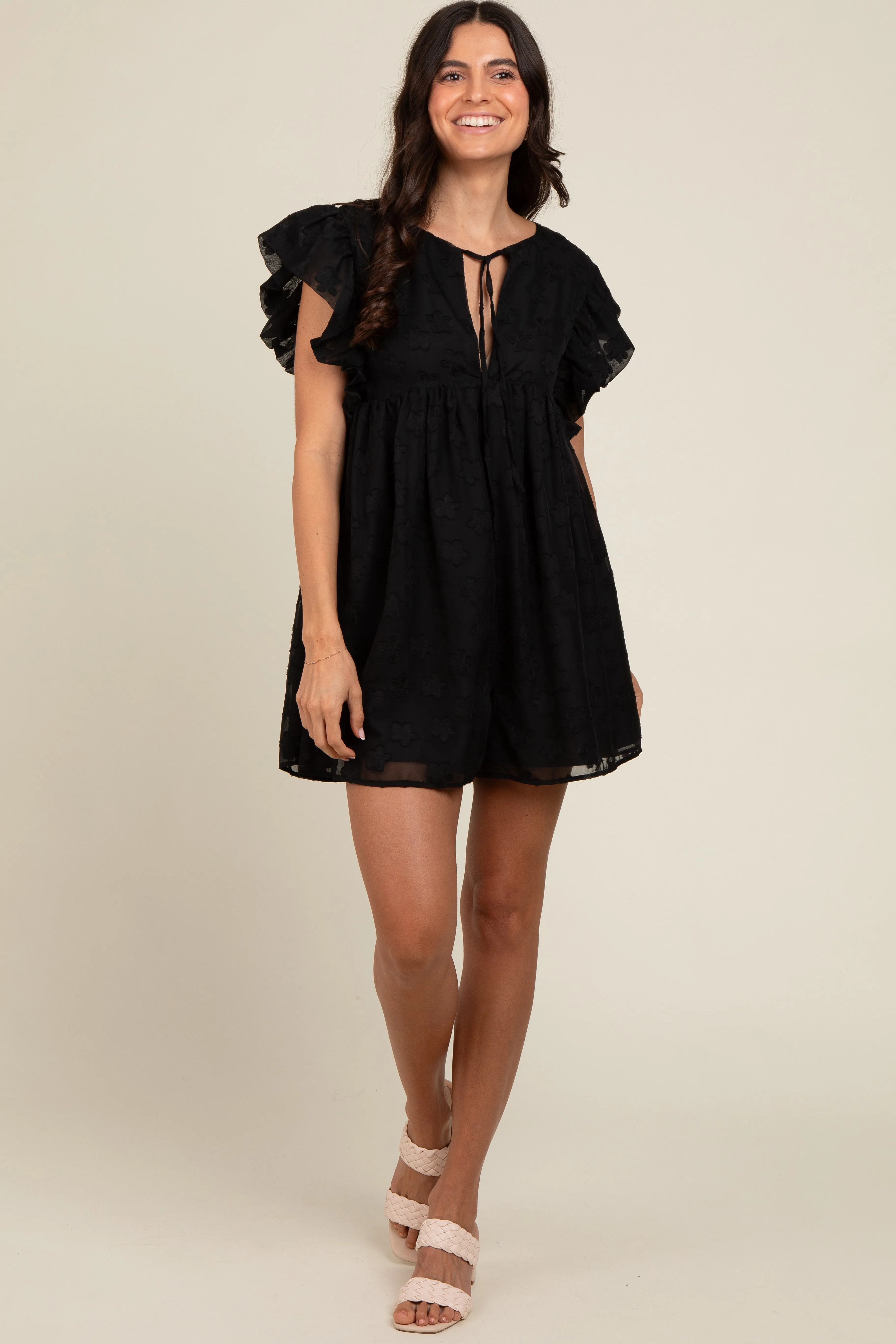 Black Floral Split V-Neck Ruffle Sleeve Romper sold by Pinkblush product image thumbnail 2