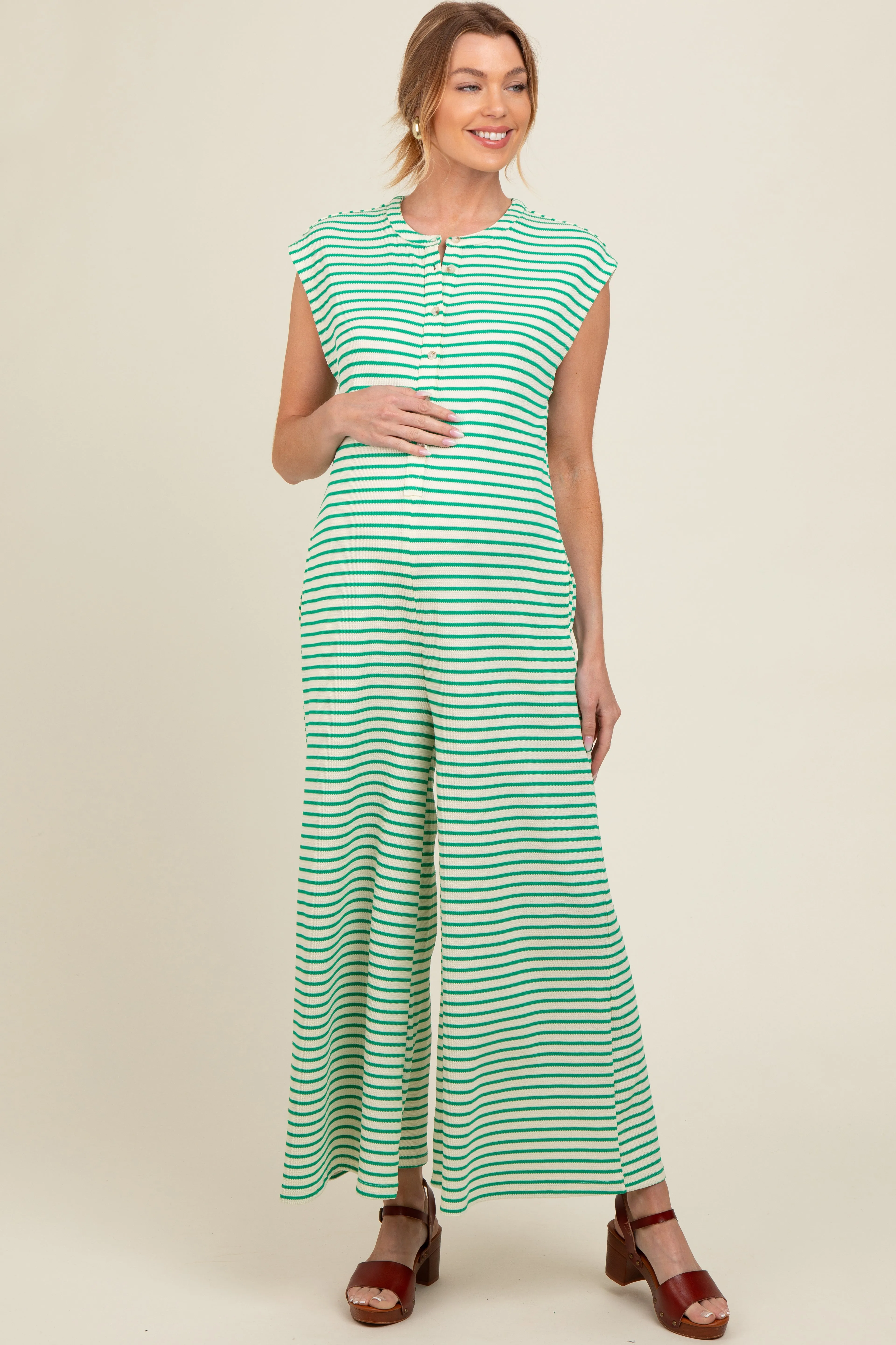 Green Striped Button Up Wide Leg Maternity Jumpsuit sold by Pinkblush