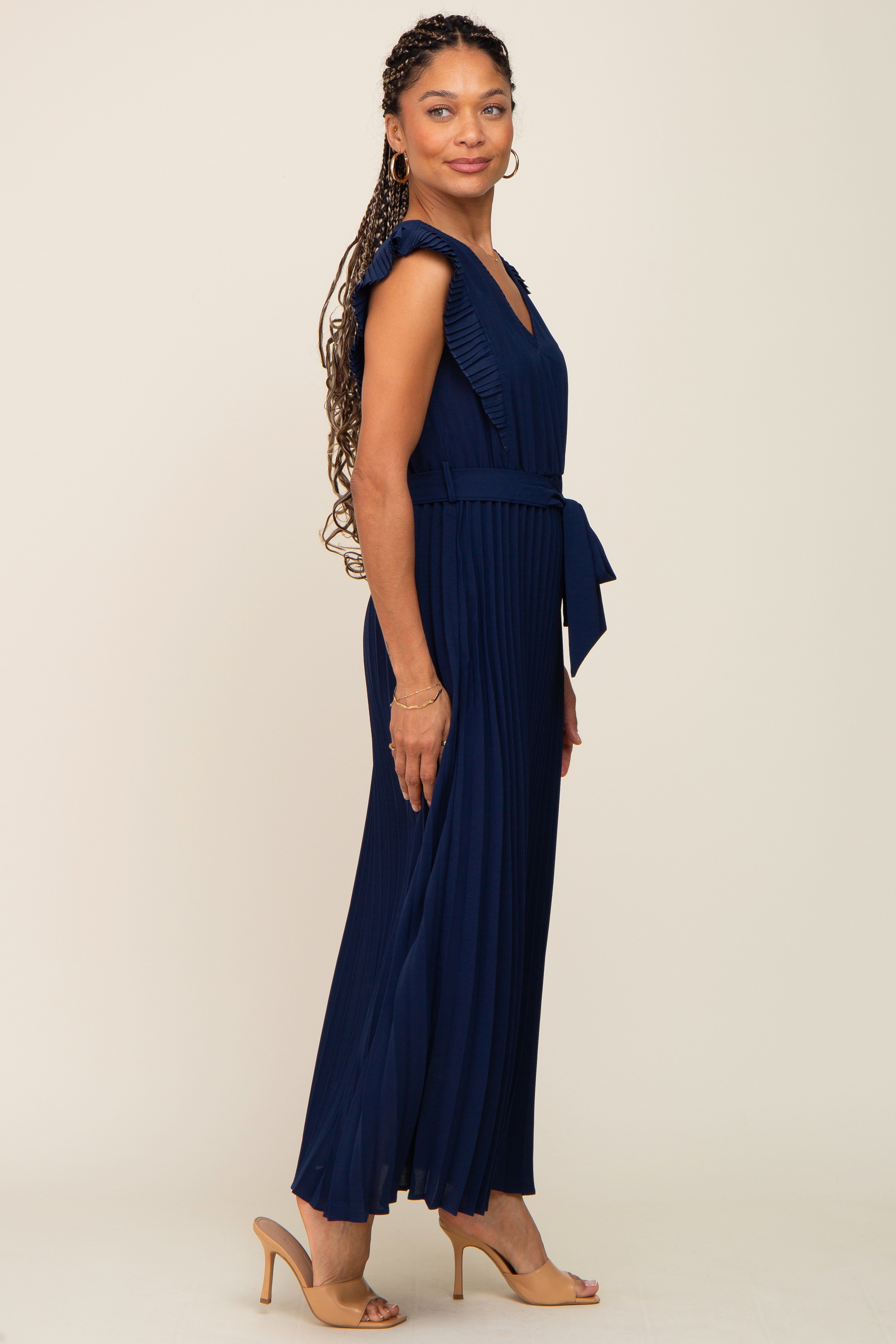 Navy Pleated Waist Tie Maxi Dress sold by Pinkblush product image thumbnail 2