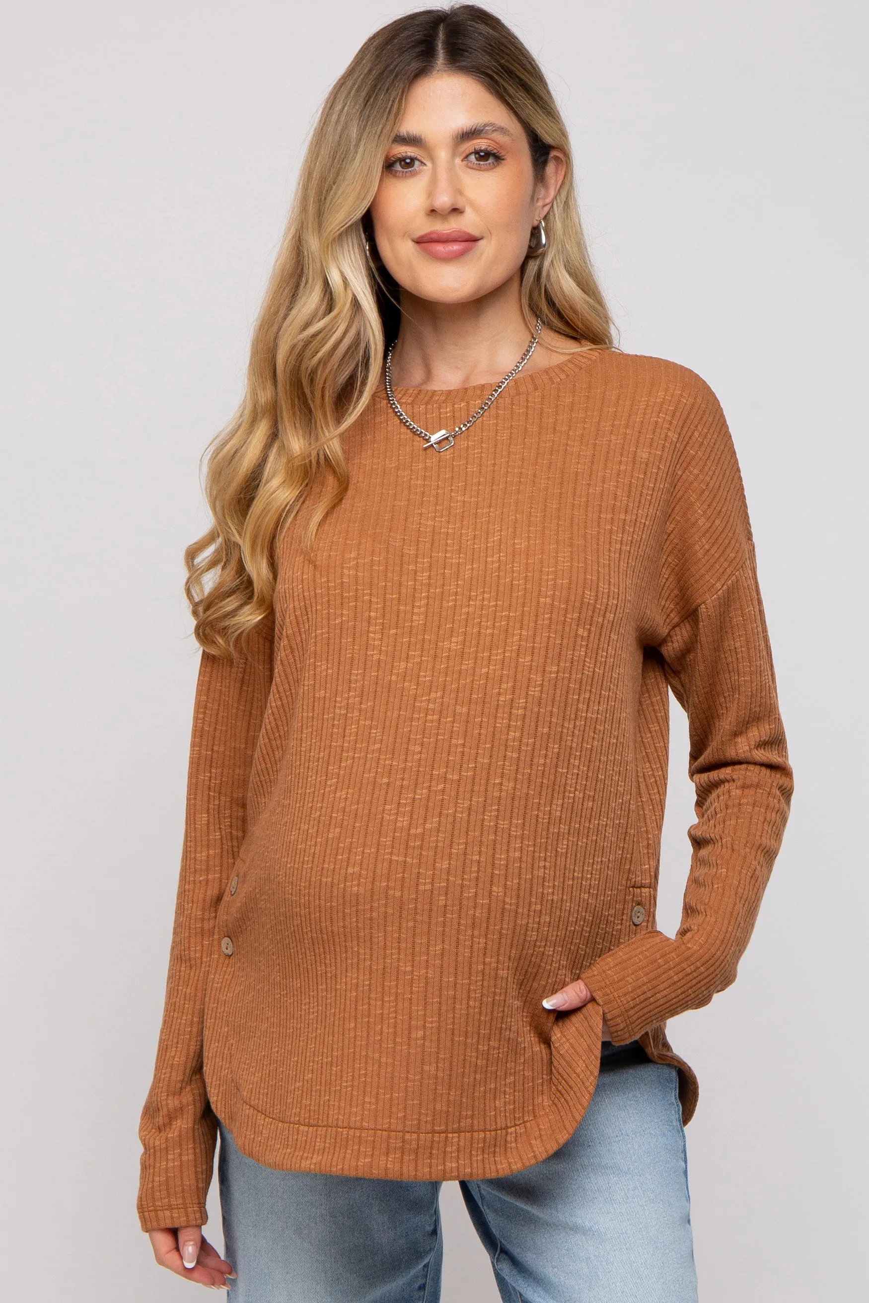 Camel Ribbed Round Hem Button Maternity Top sold by Pinkblush
