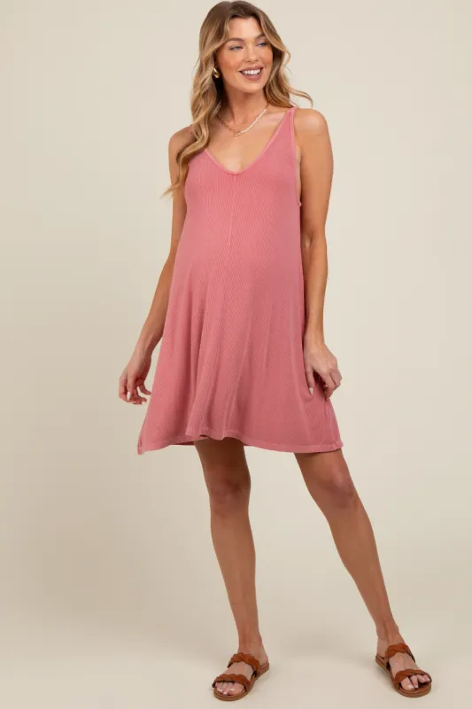 Mauve Ribbed Sleeveless Front Seam Maternity Dress sold by Pinkblush