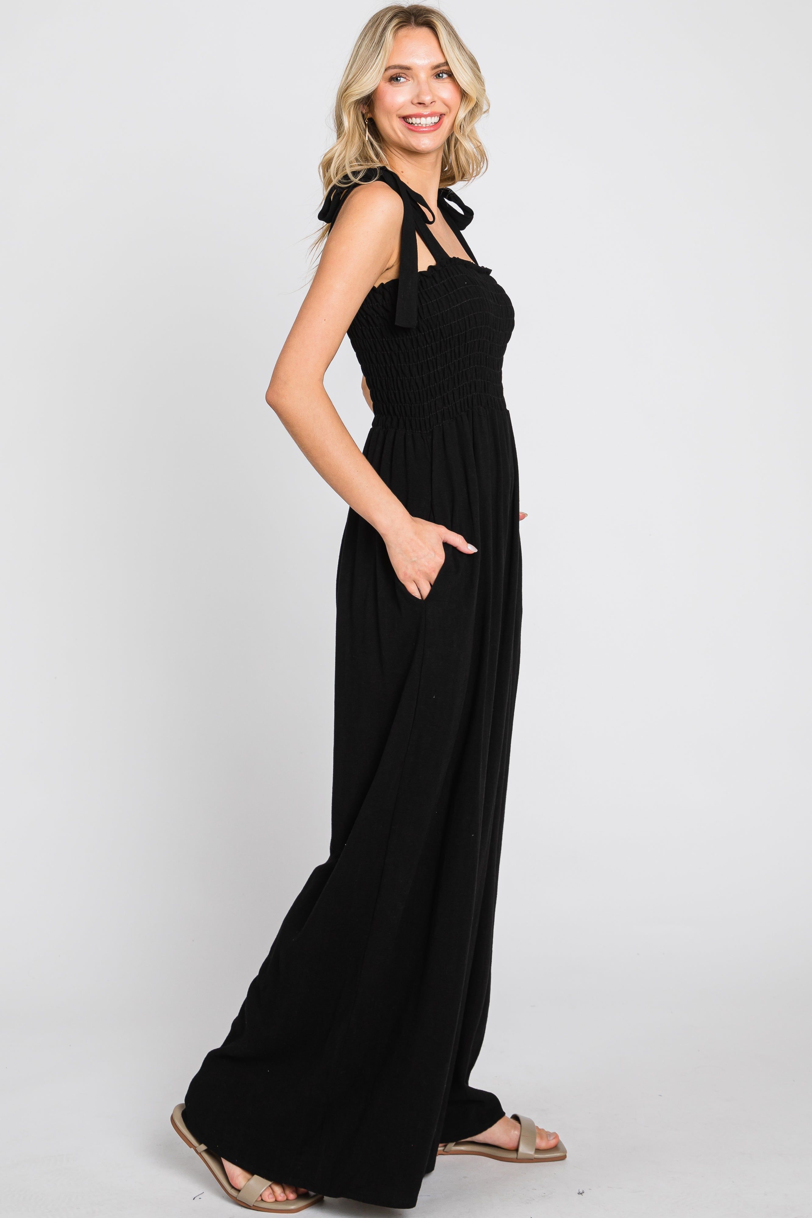 Black Sleeveless Smocked Wide Leg Jumpsuit sold by Pinkblush product image thumbnail 2