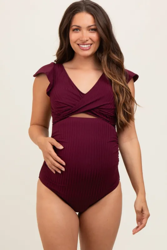 Plum Ribbed Ruched Cutout Flutter One Piece Maternity Swimsuit sold by Pinkblush