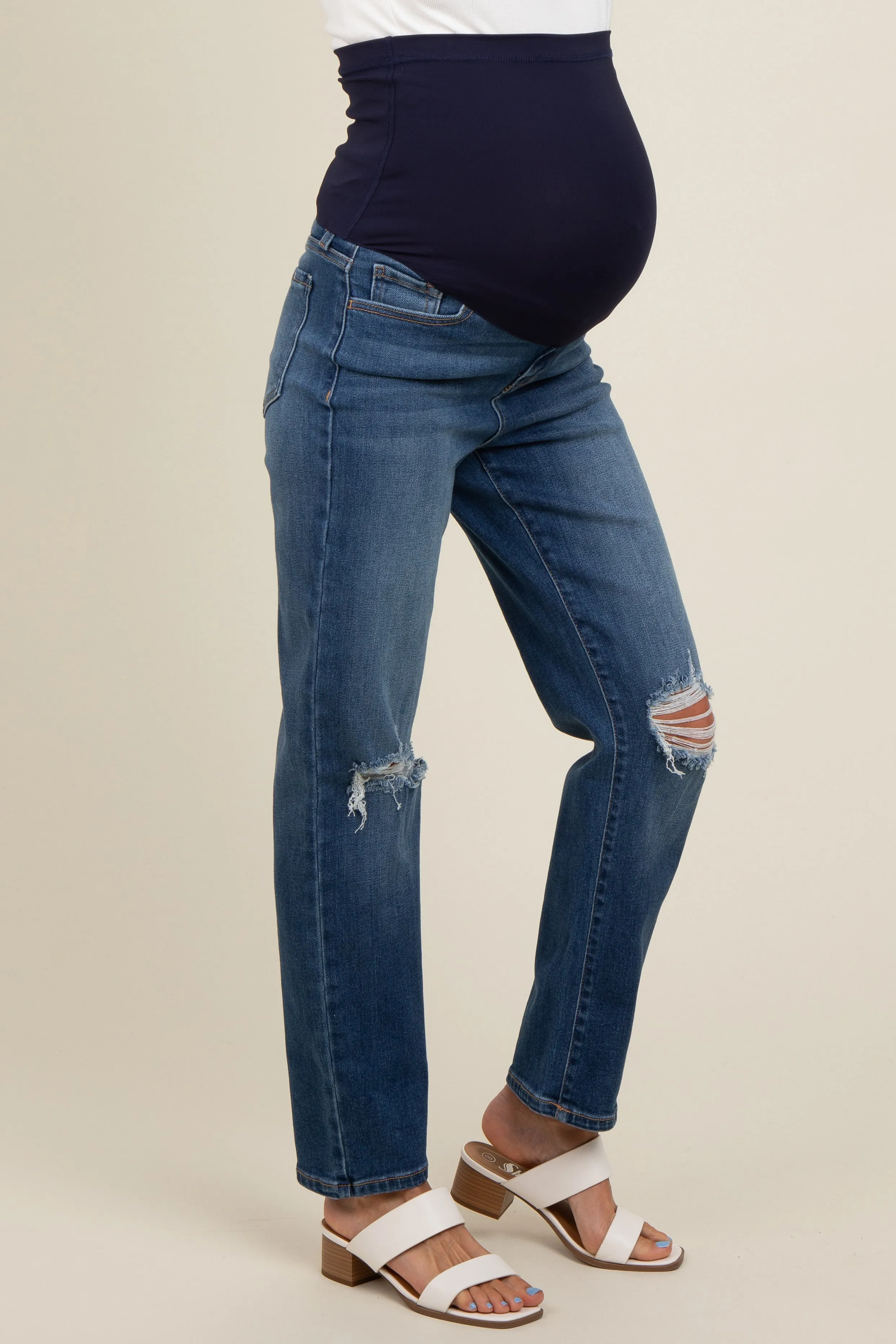 Blue Distressed Knee Straight Leg Maternity Jeans sold by Pinkblush product image thumbnail 4