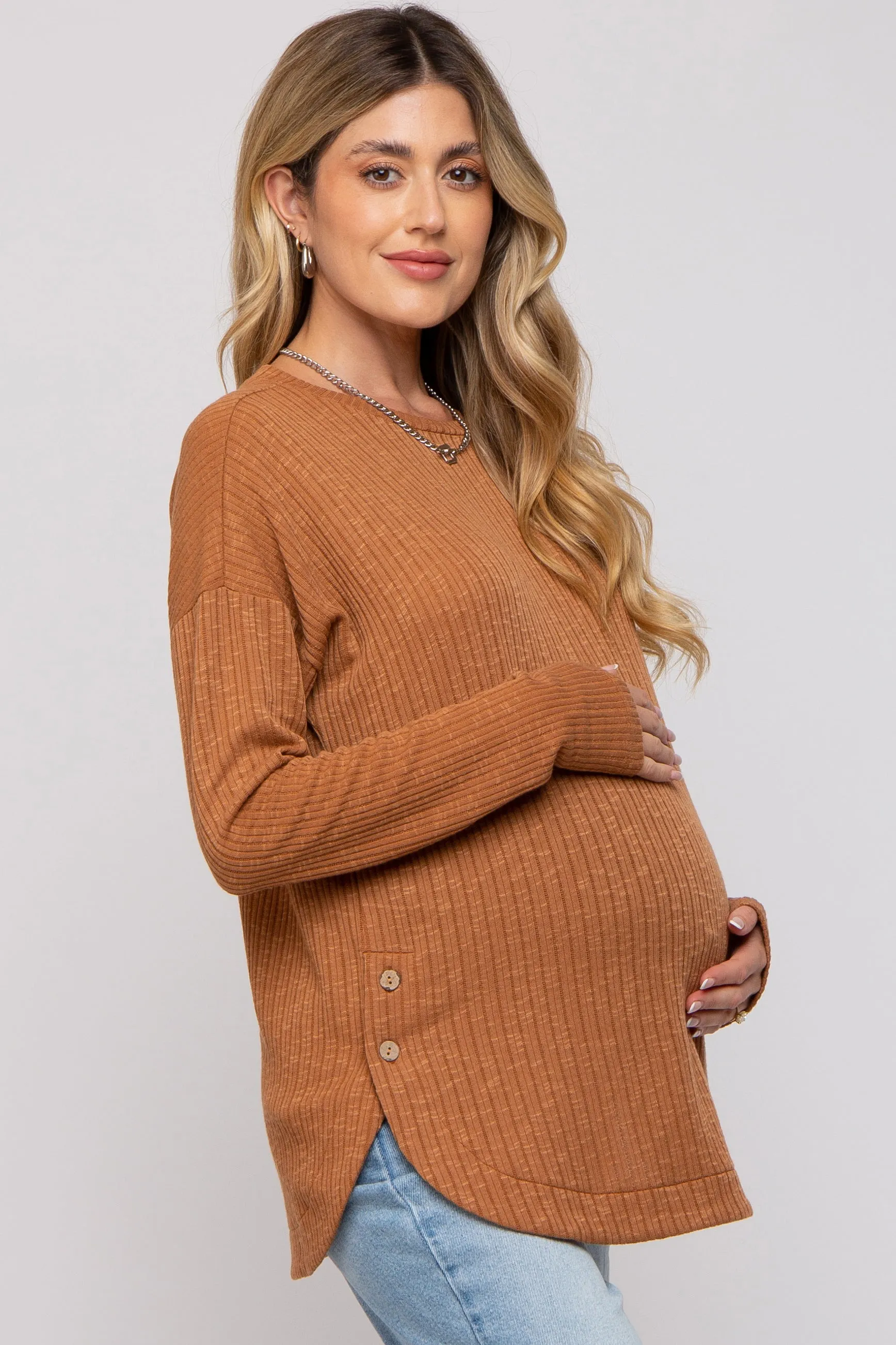 Camel Ribbed Round Hem Button Maternity Top sold by Pinkblush product image thumbnail 2