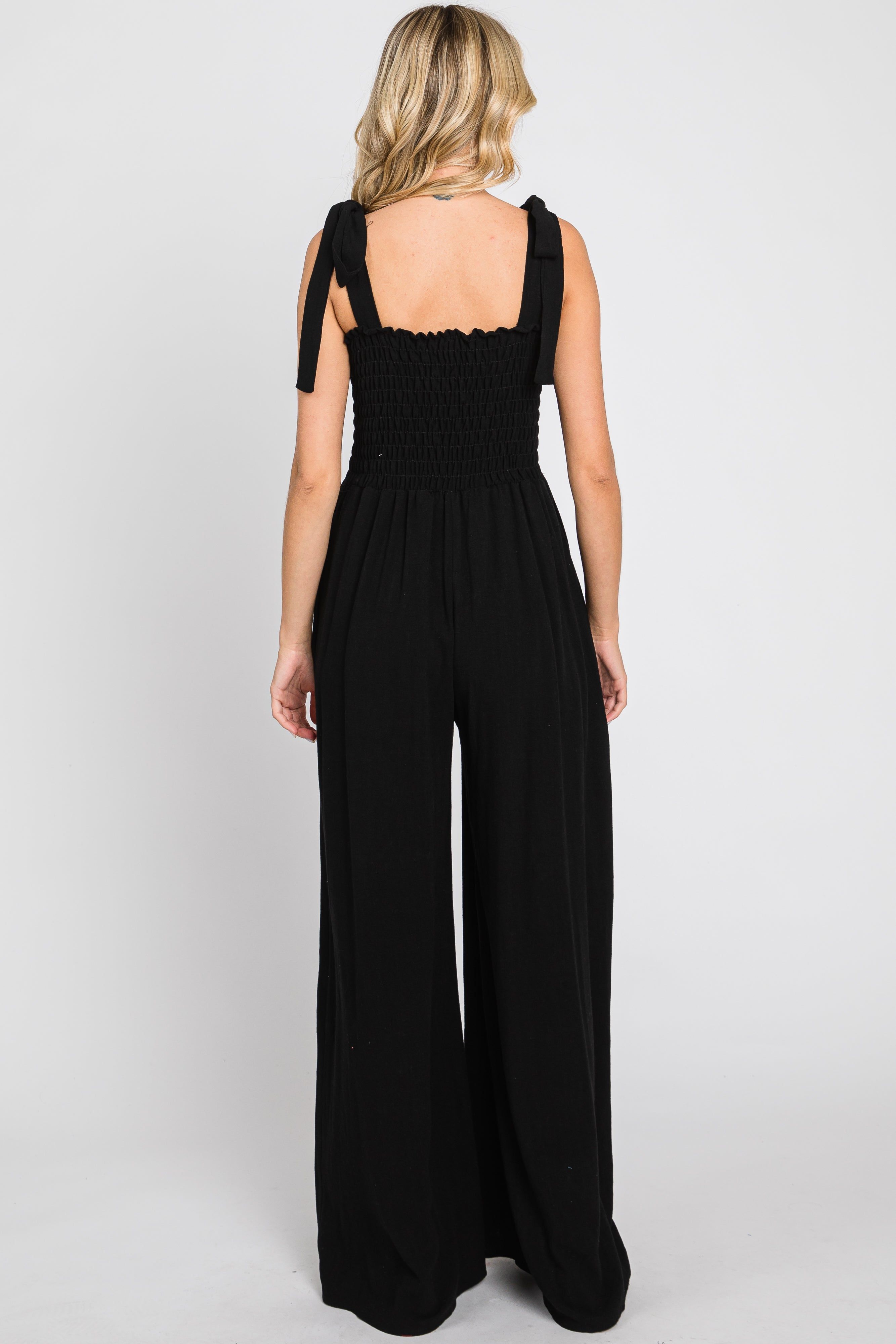 Black Sleeveless Smocked Wide Leg Jumpsuit sold by Pinkblush product image thumbnail 3