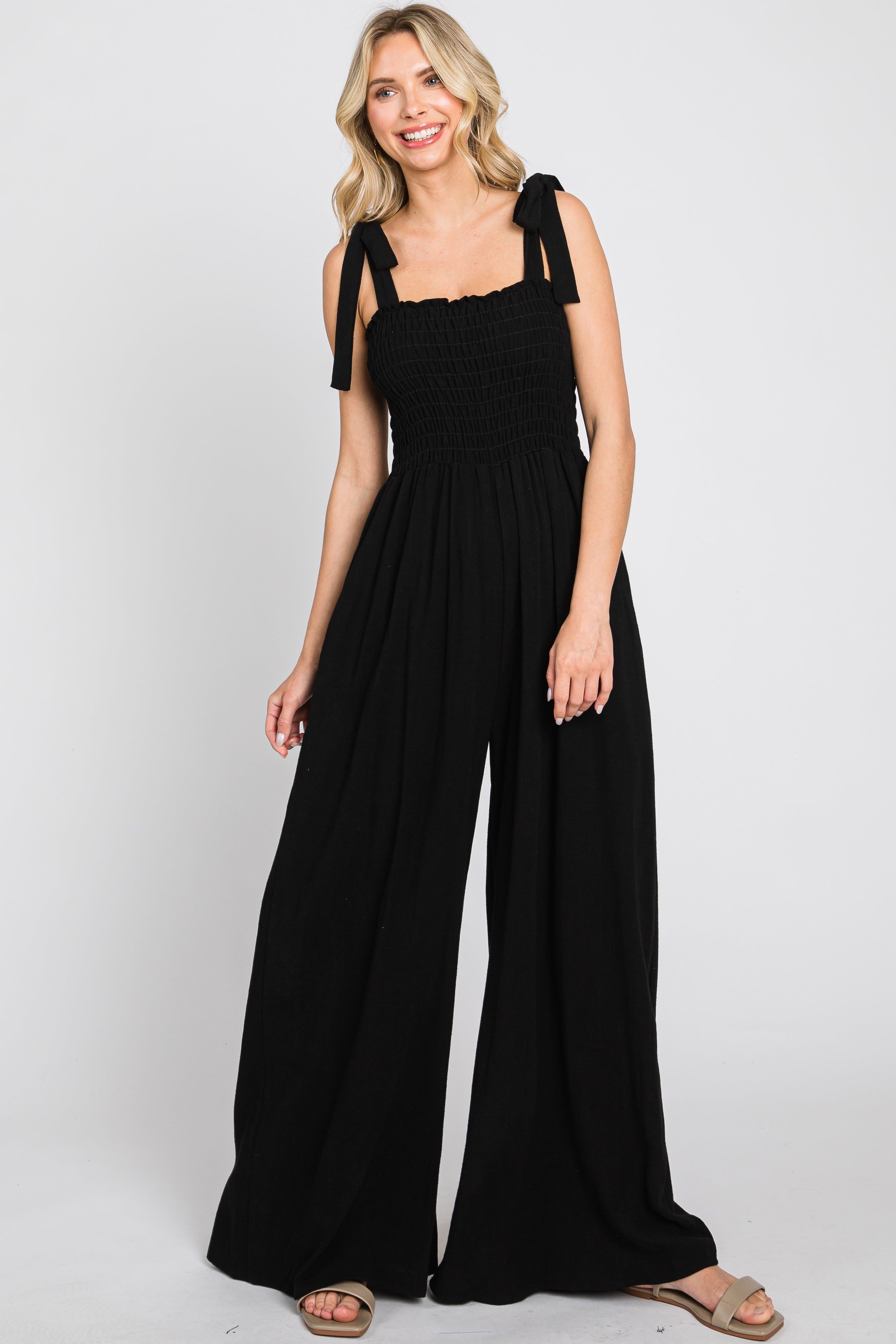 Black Sleeveless Smocked Wide Leg Jumpsuit sold by Pinkblush