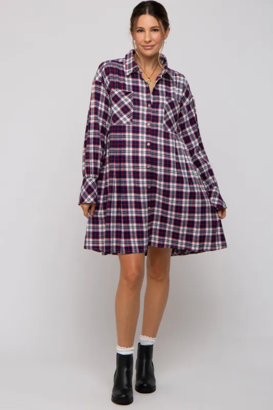 Navy Plaid Button Down Oversize Maternity Mini Shirt Dress sold by Pinkblush