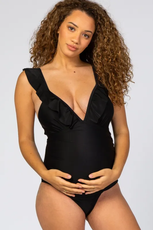 Black Ruffle Maternity One-Piece Maternity Swimsuit sold by Pinkblush