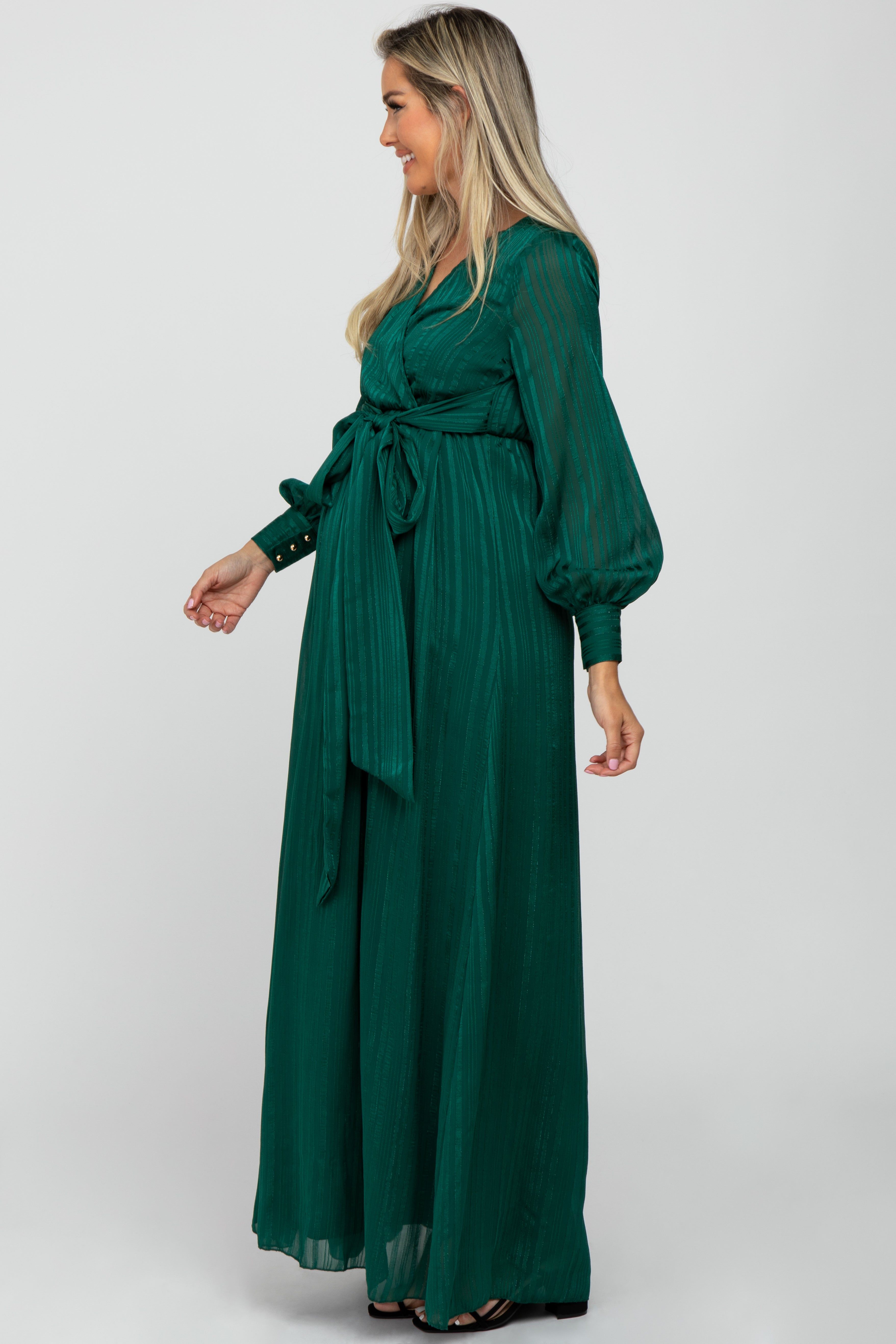 Forest Green Metallic Striped Chiffon Maternity Maxi Dress sold by Pinkblush product image thumbnail 3