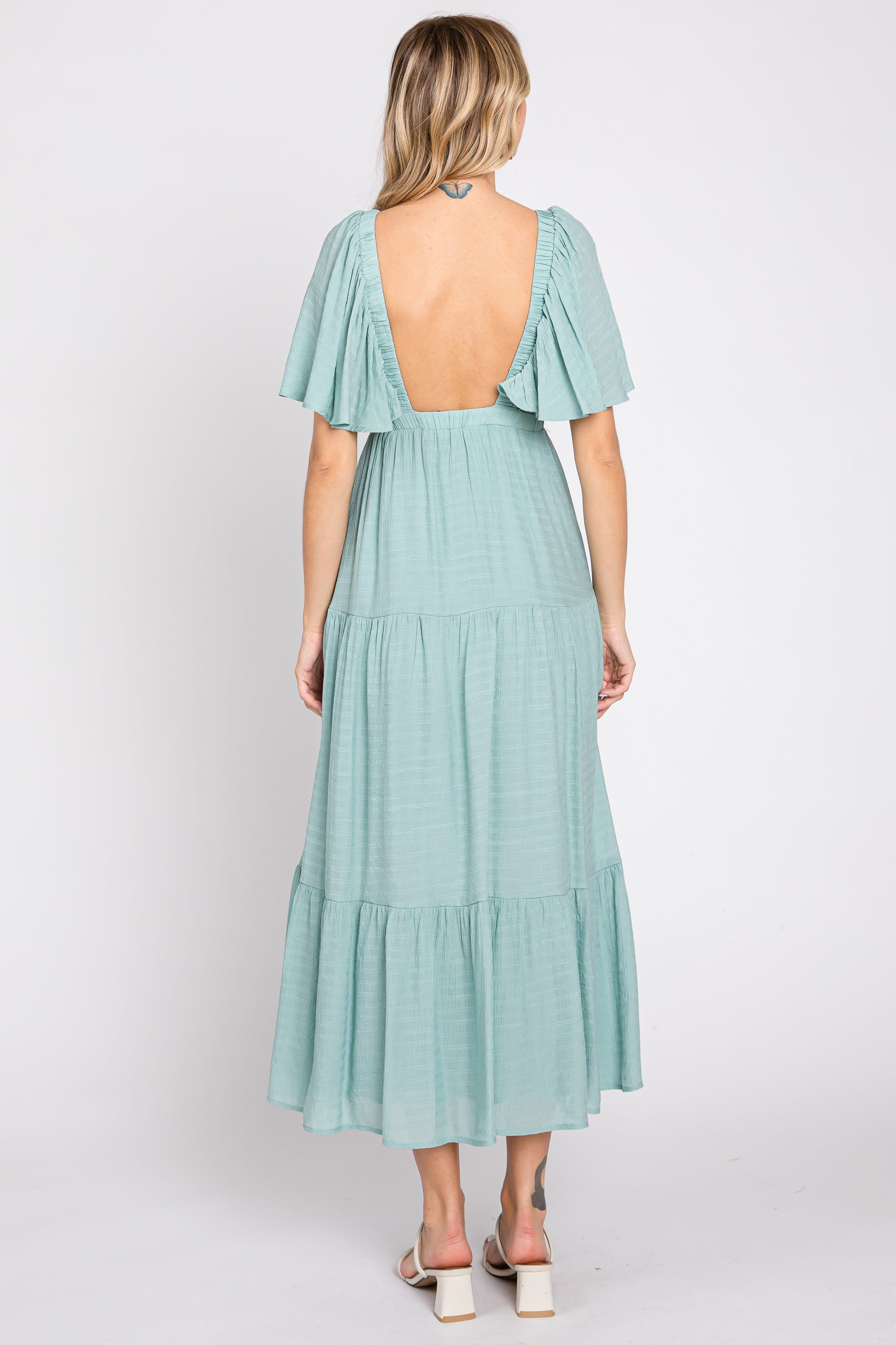 Mint Green Textured Stripe Deep V-Neck Layered Sleeve Maxi Dress sold by Pinkblush product image thumbnail 3