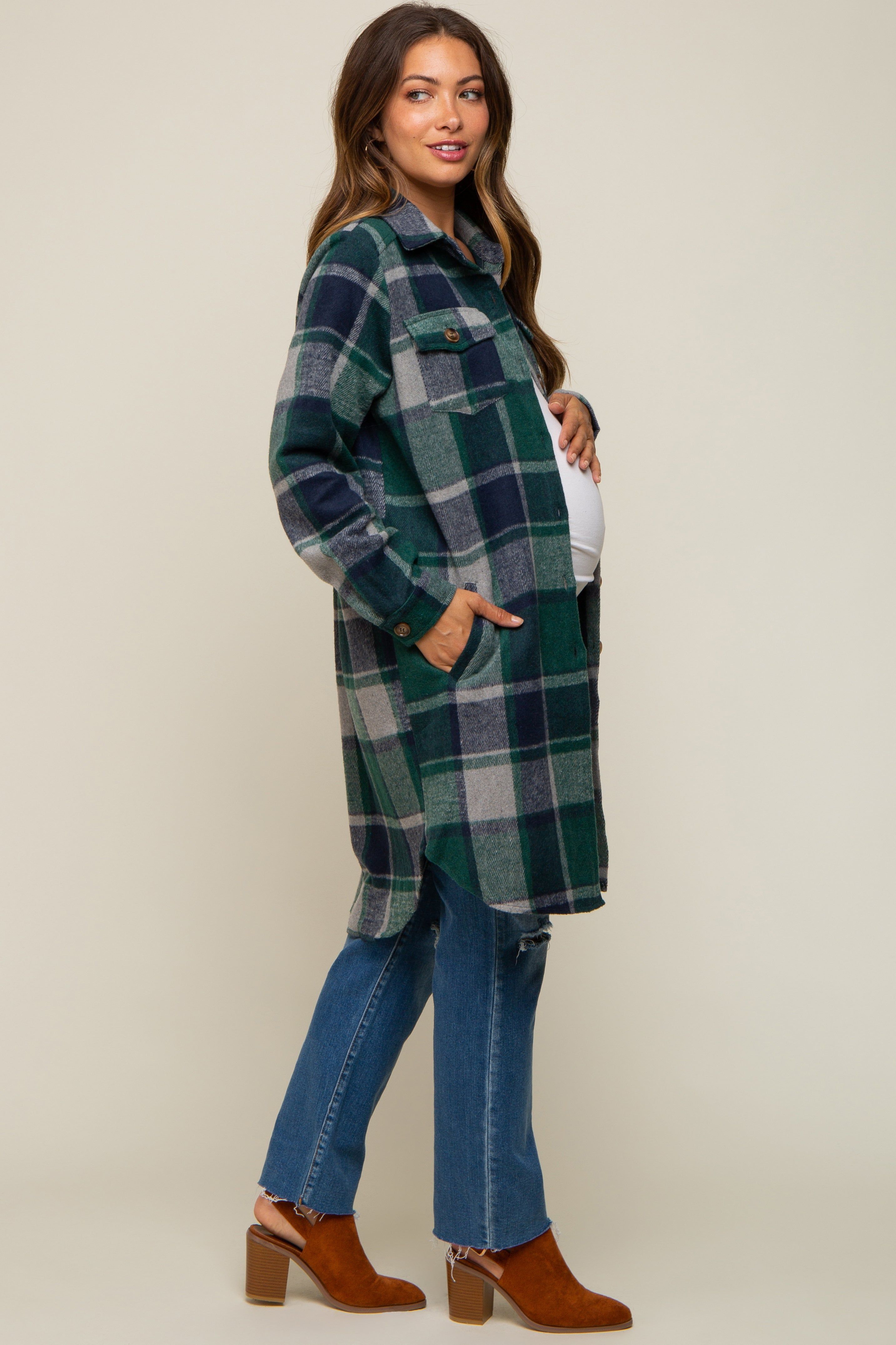 Green Plaid Fleece Maternity Long Shirt Jacket sold by Pinkblush product image thumbnail 2